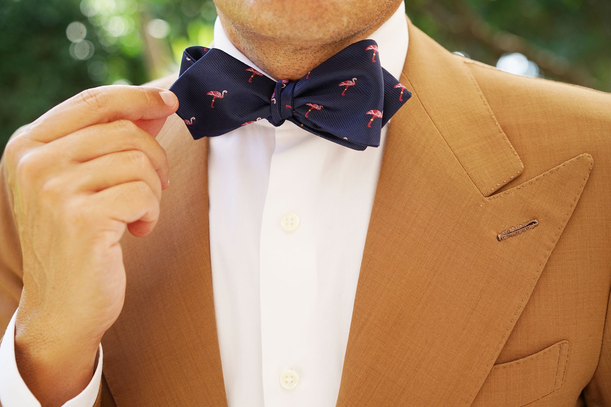 The Navy Blue Pink Flamingo Self Tie Diamond Tip Bow Tie