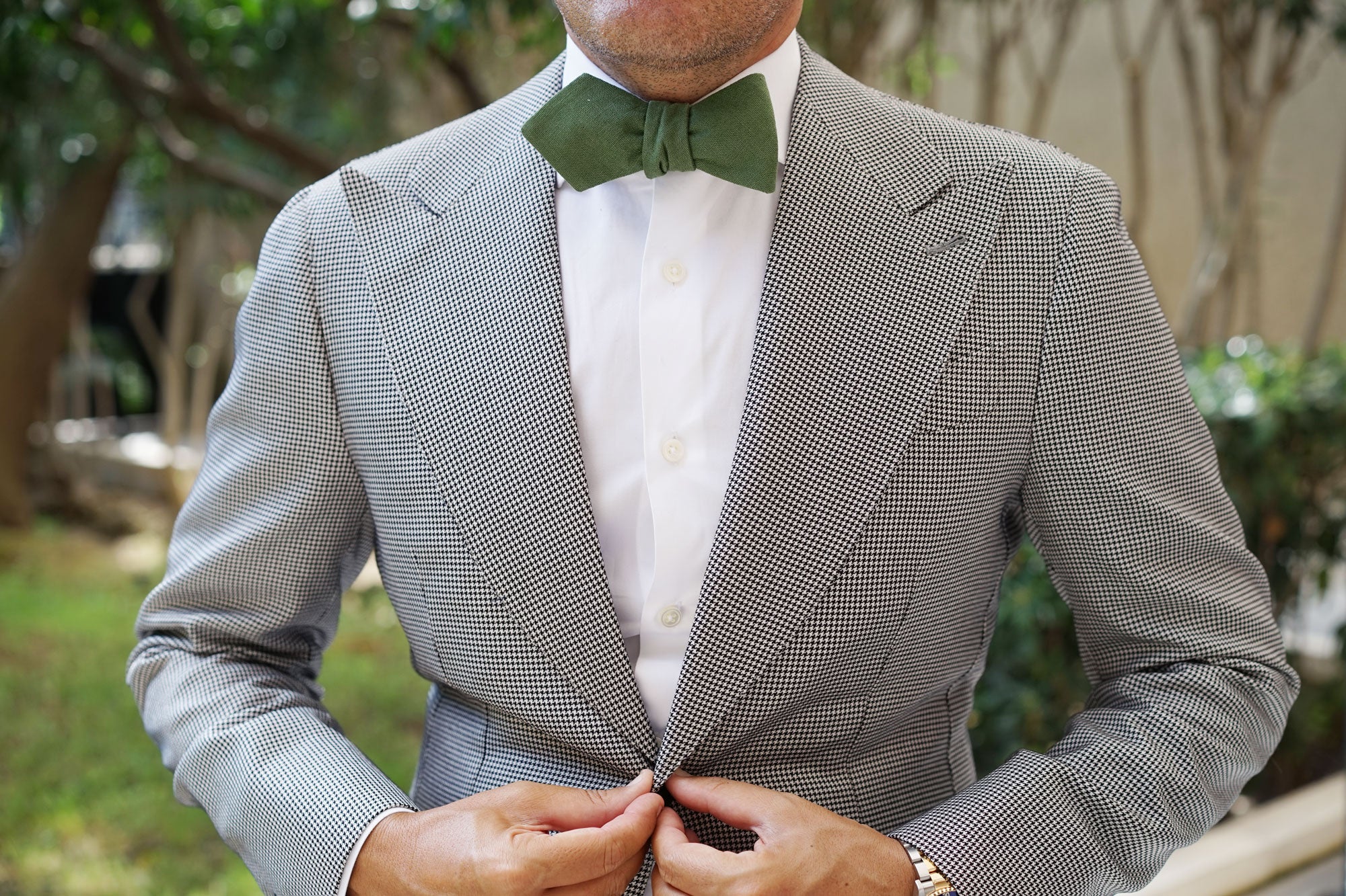 Hunter Green Slub Linen Diamond Self Bow Tie