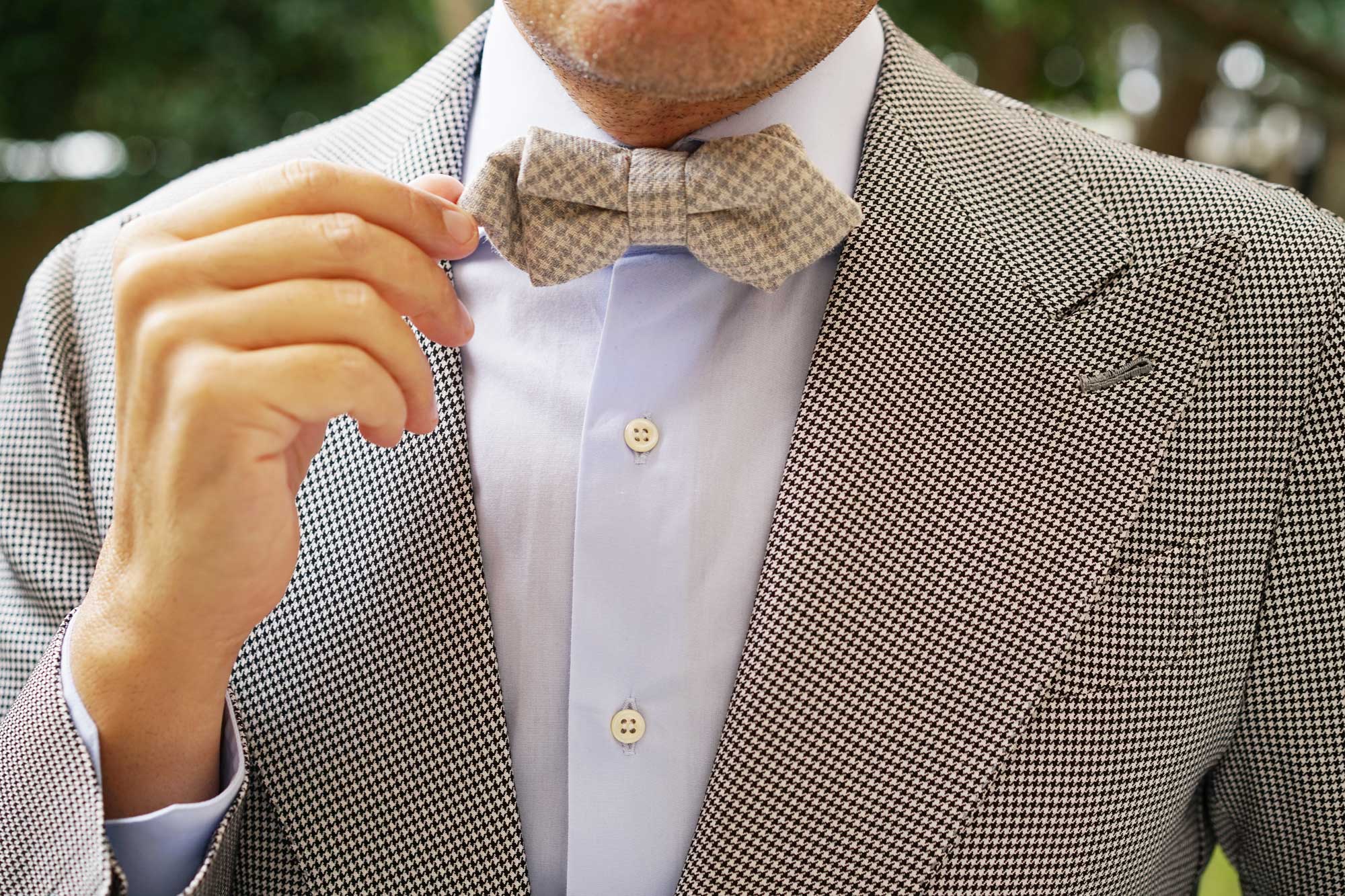 Gray Houndstooth Khaki Linen Diamond Bow Tie