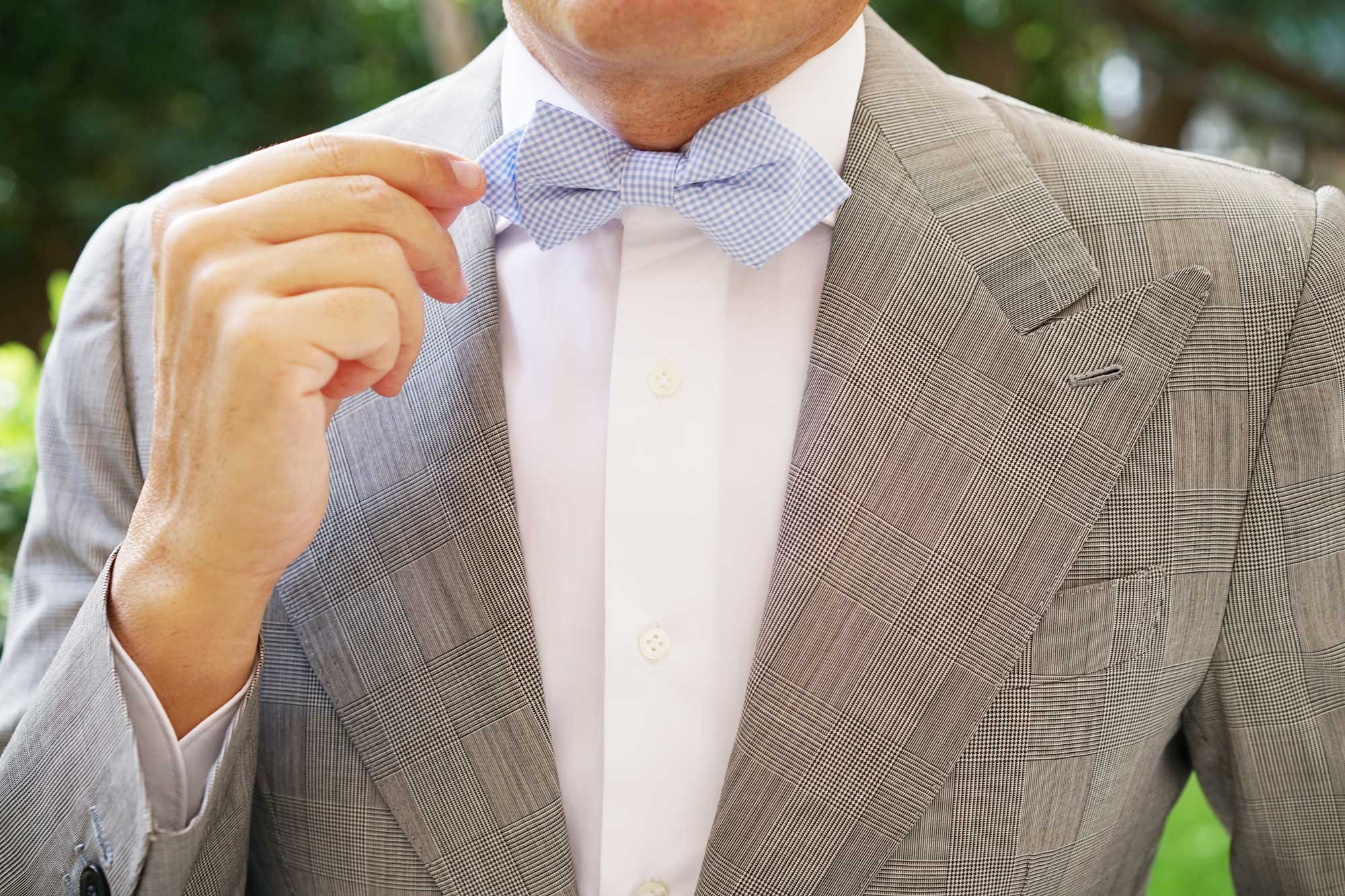 Light Blue Gingham Cotton Diamond Bow Tie