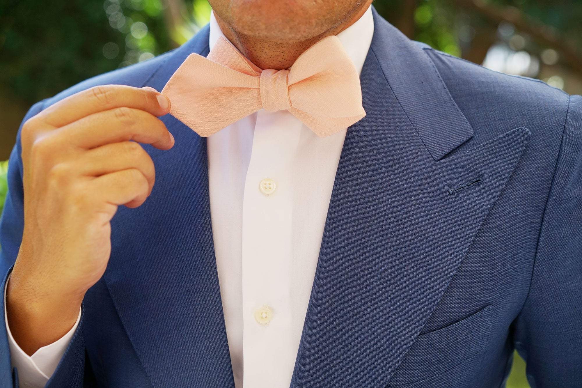 Dusty Peach Slub Linen Self Tie Diamond Tip Bow Tie