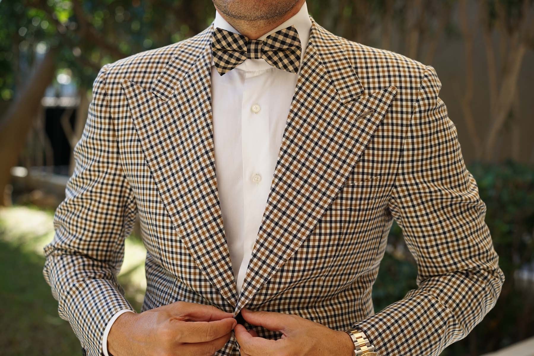 Khaki Black Gingham Blend Bow Tie