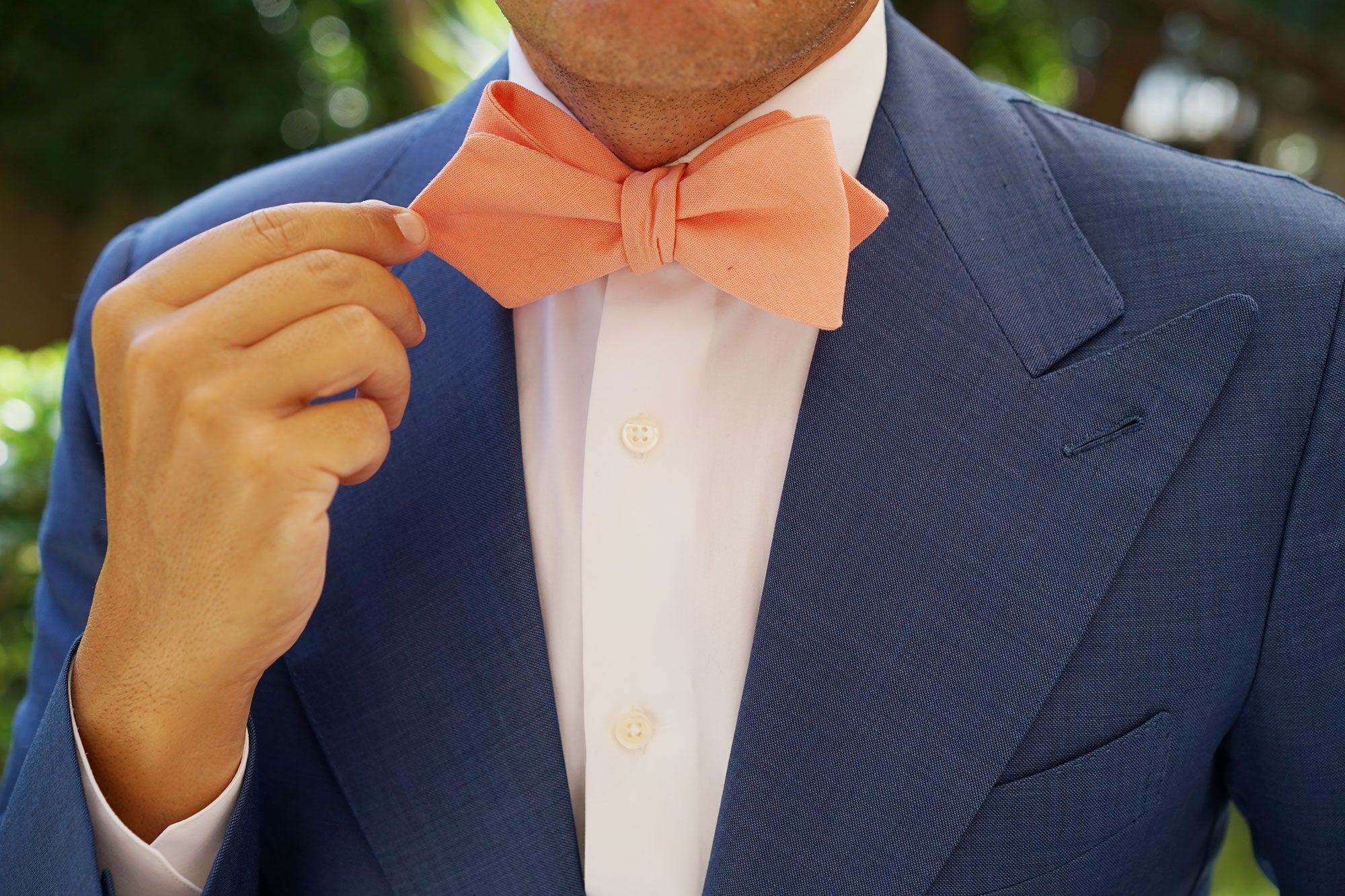 Apricot Peach Slub Linen Self Tie Diamond Tip Bow Tie