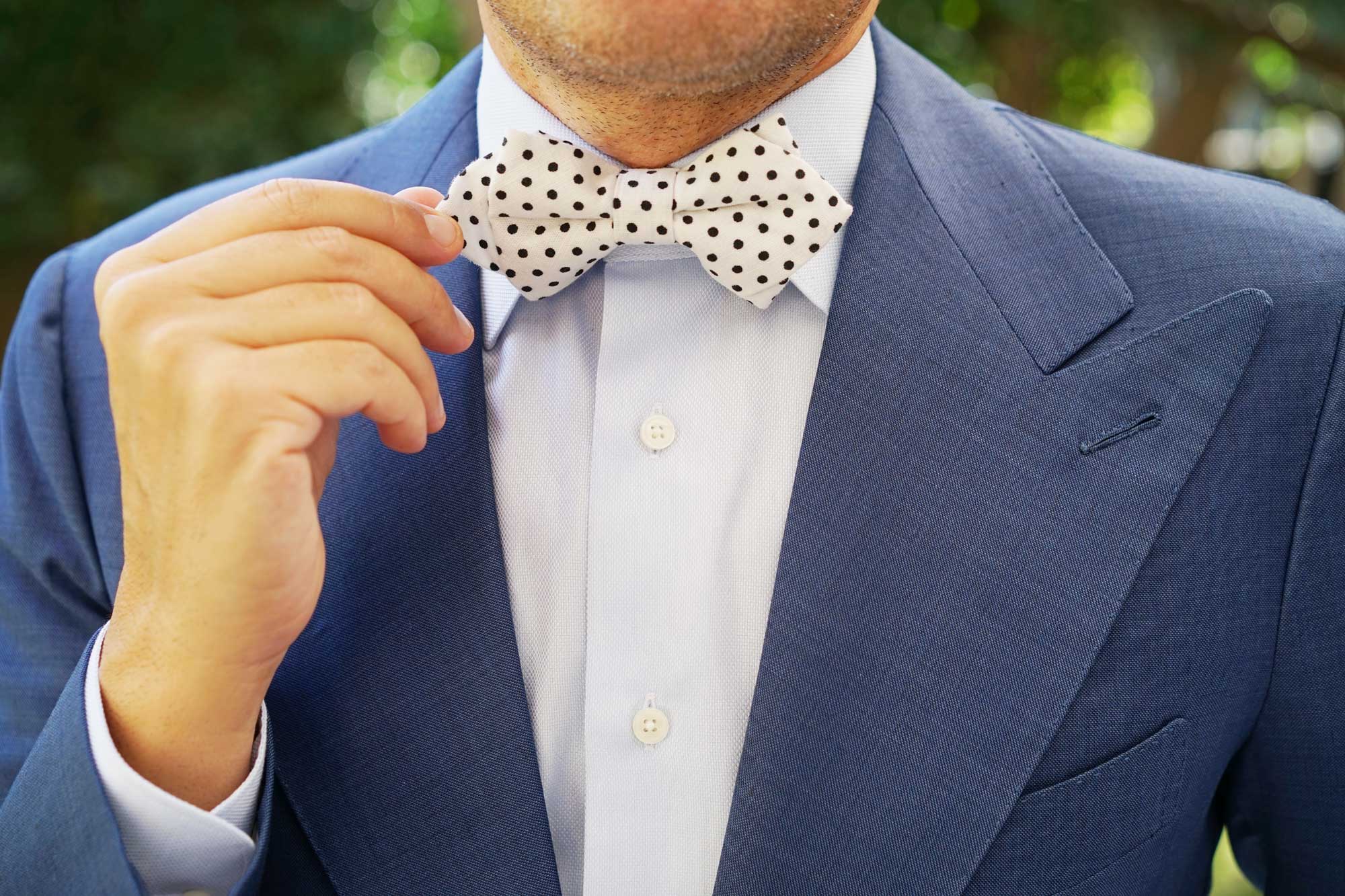 White with Black Polkadot Cotton Diamond Bow Tie