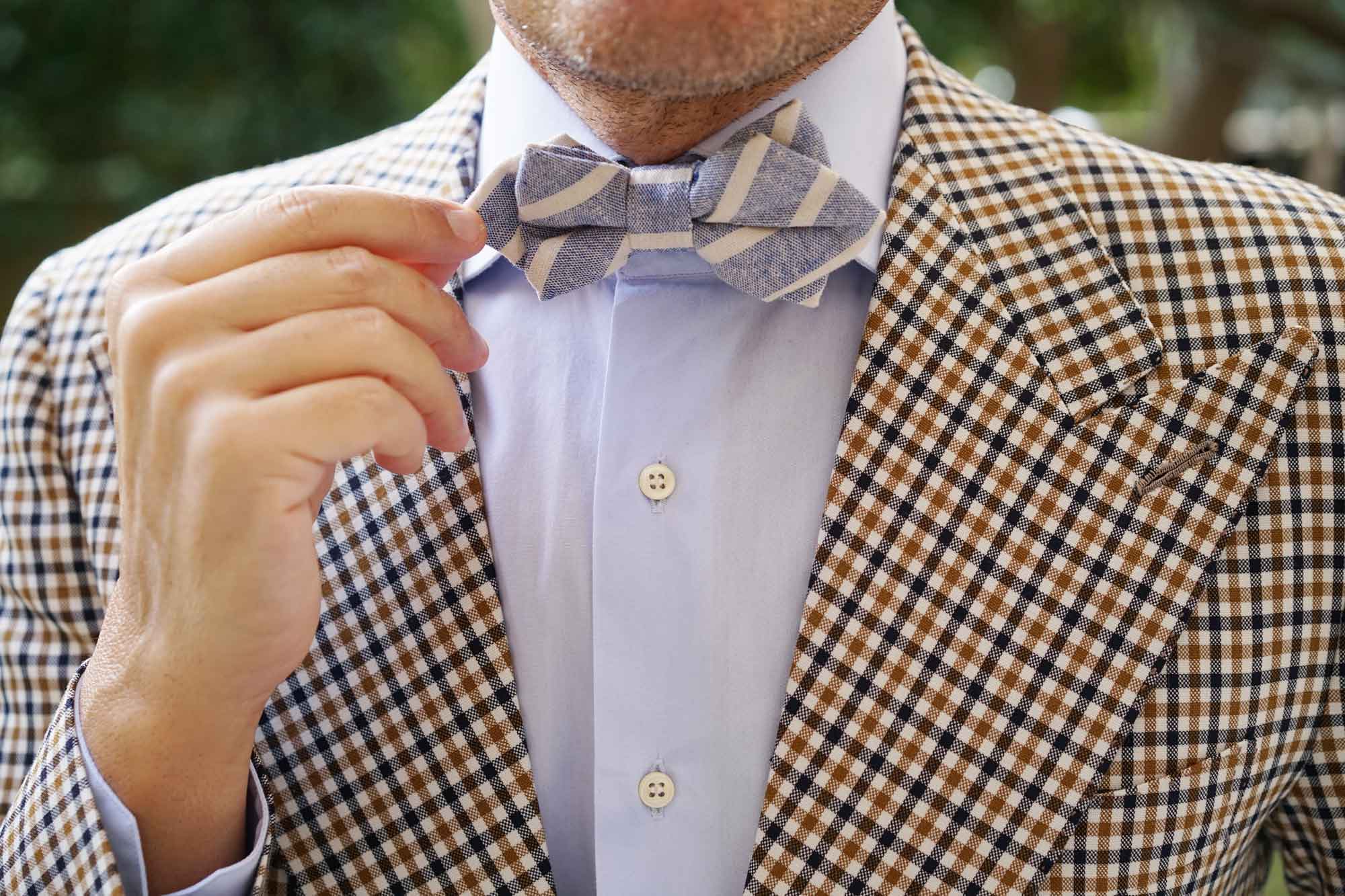 Blue Bodrum Linen Chalk Stripe Diamond Bow Tie