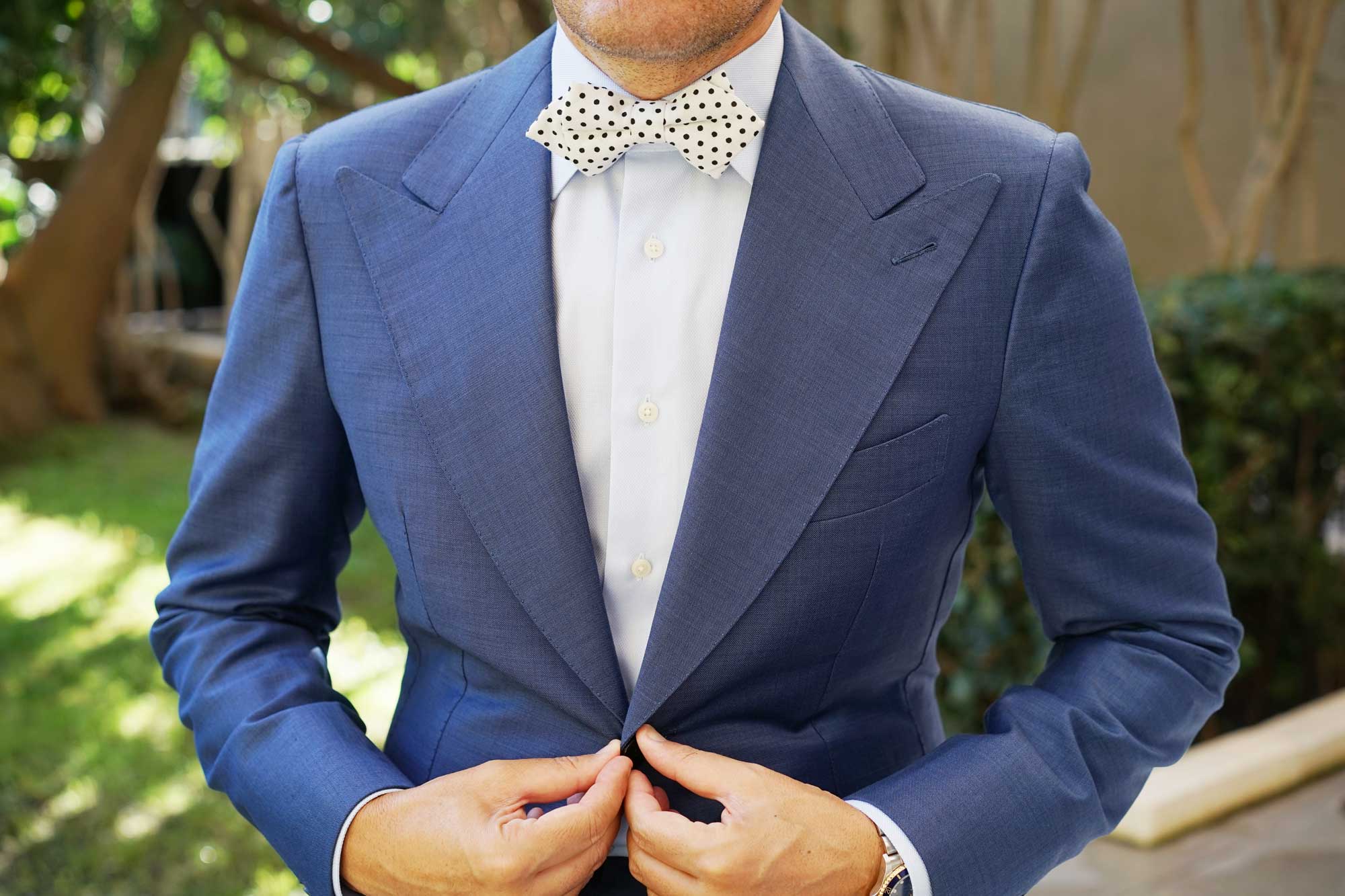 White with Black Polkadot Cotton Diamond Bow Tie