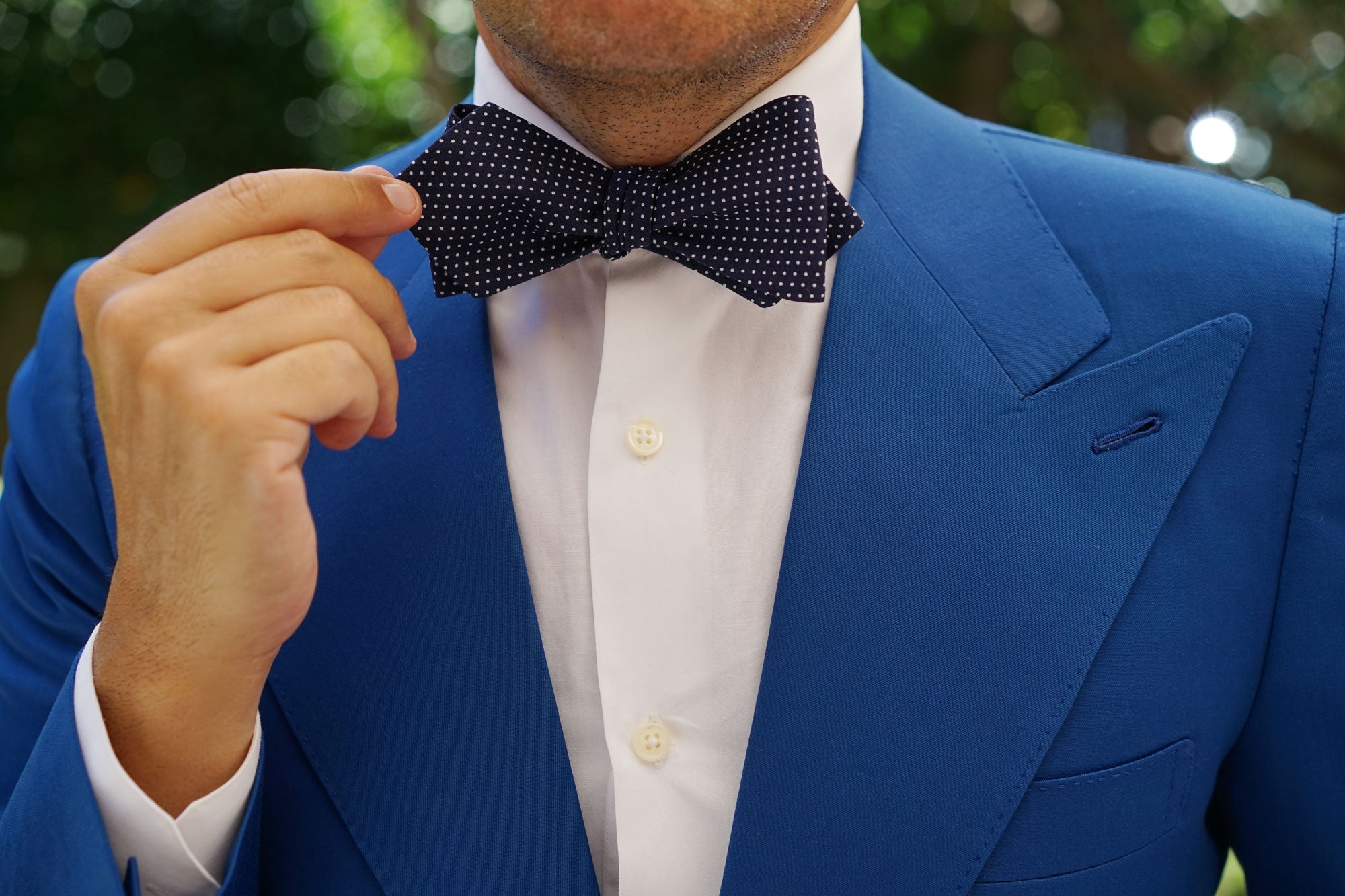 Navy Blue Cotton with White Mini Polka Dots Self Tie Diamond Tip Bow Tie