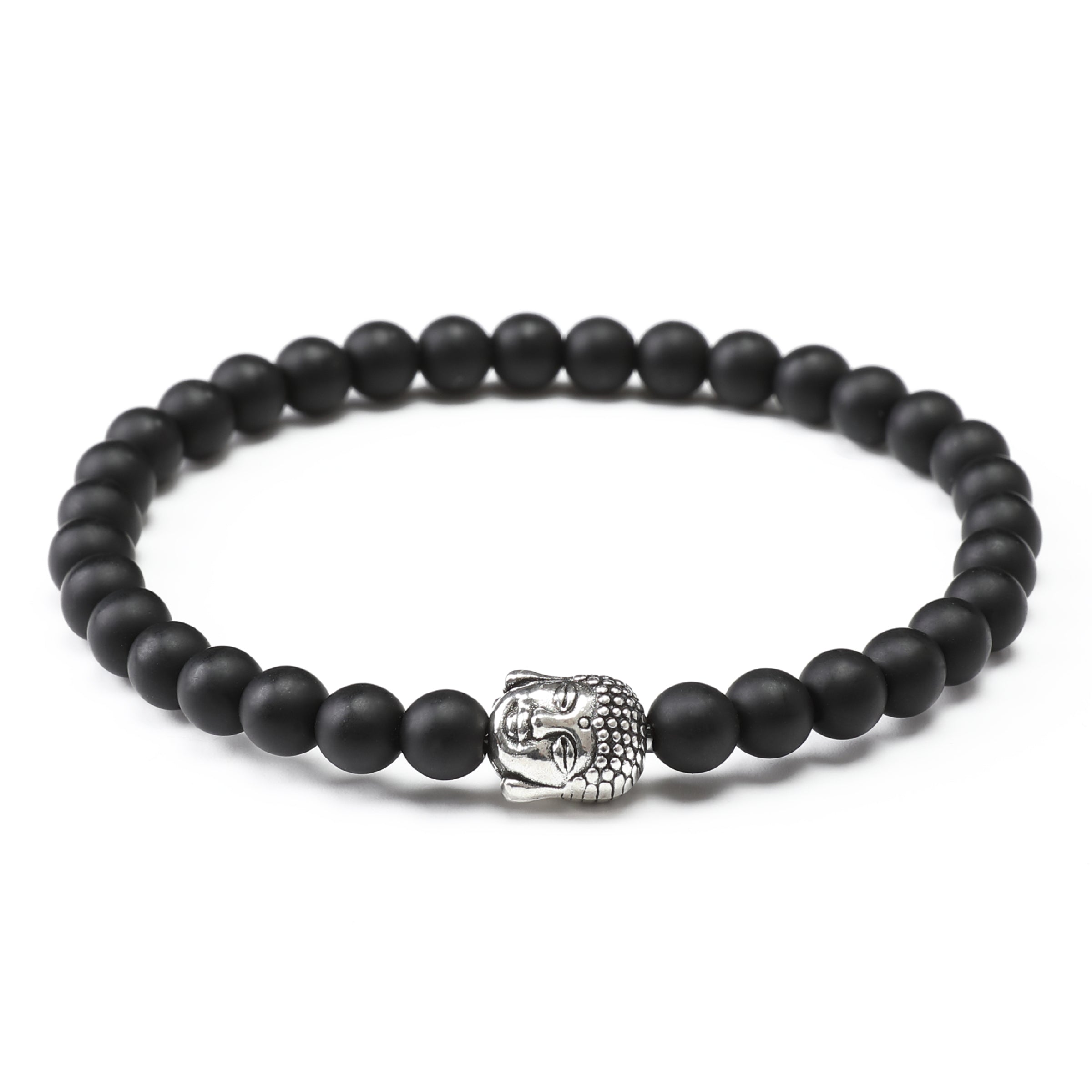 Onyx Matte Stones with Mini Silver Buddha Bracelet