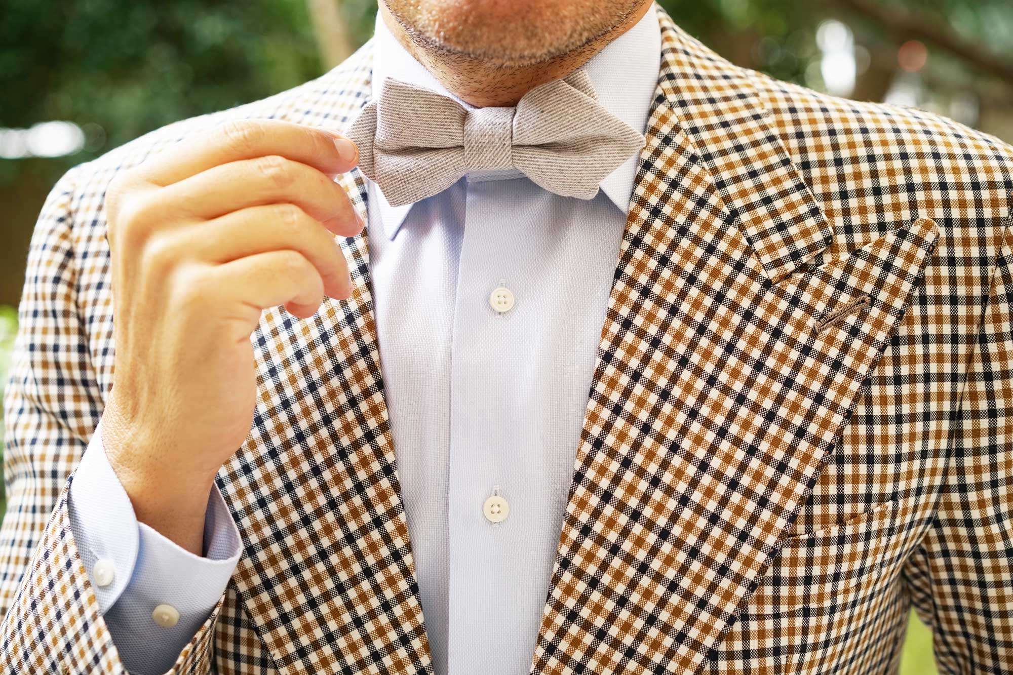 Light Grey Twill Stripe Linen Diamond Bow Tie