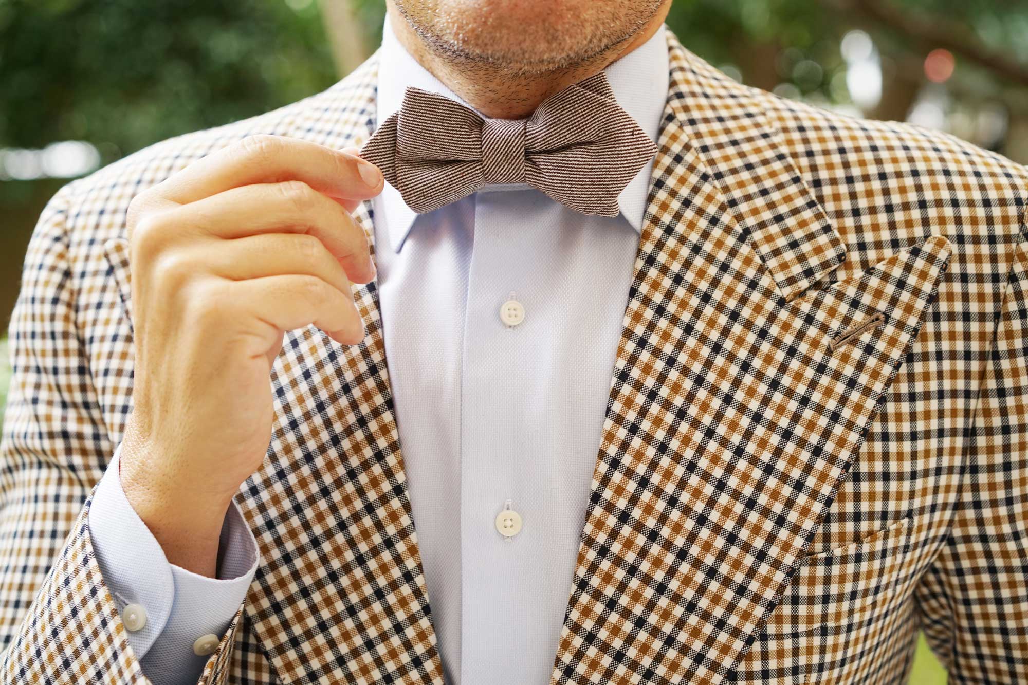 Brown & White Twill Stripe Linen Diamond Bow Tie