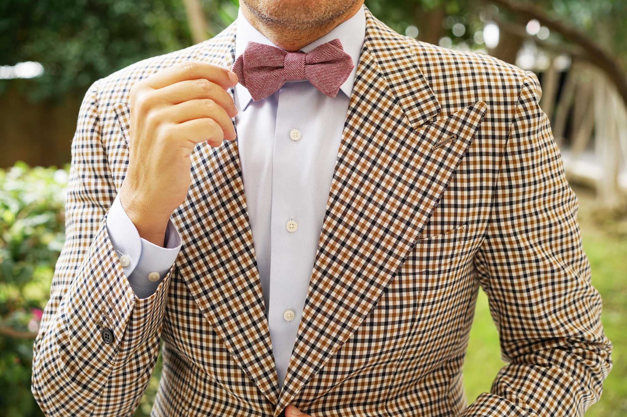 Maroon & White Twill Stripe Linen Diamond Bow Tie