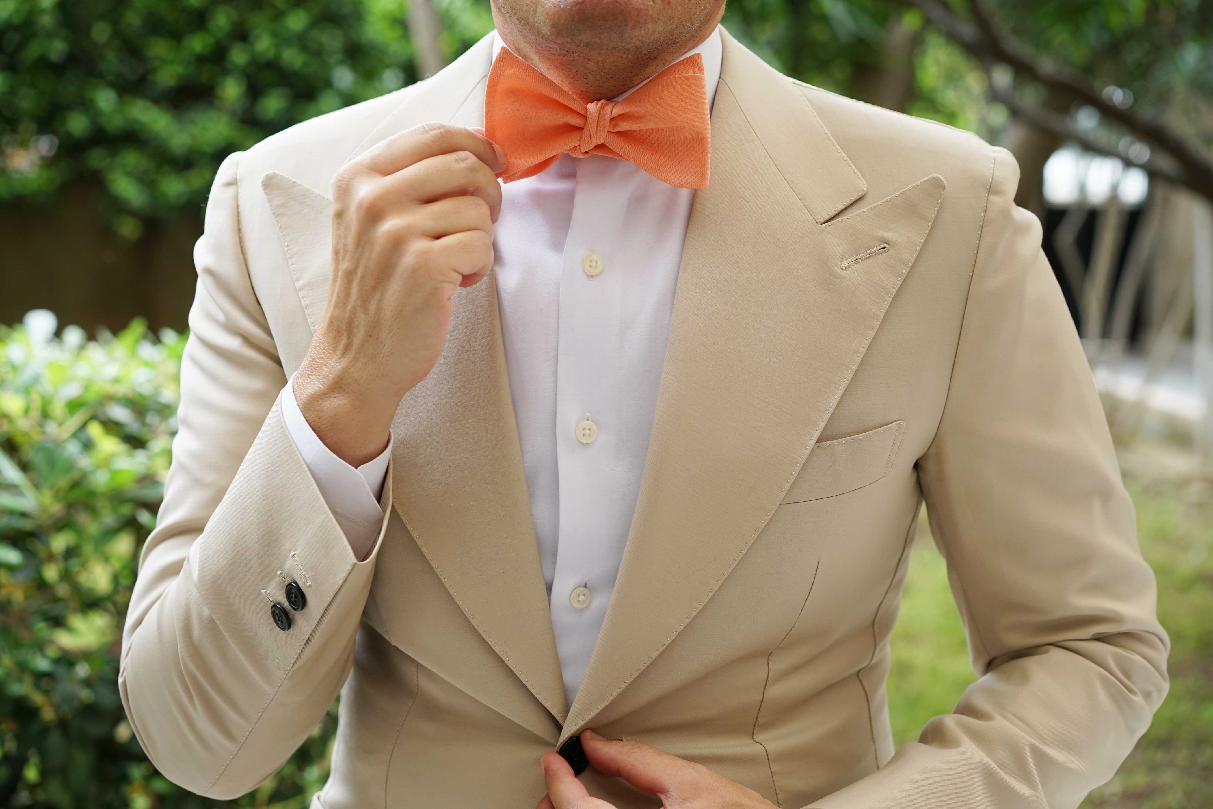 Coral Pink Linen Self Tie Bow Tie