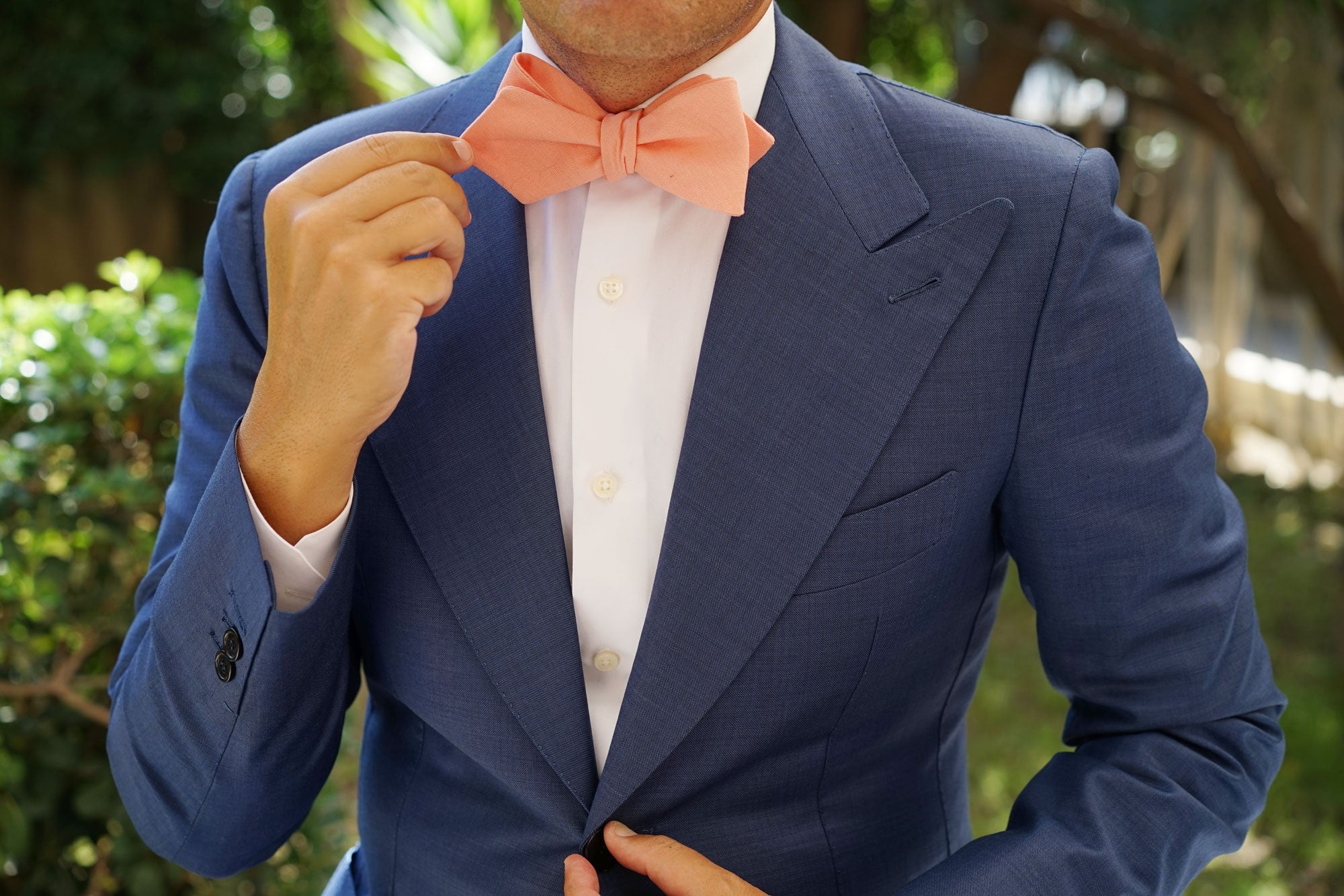 Apricot Peach Slub Linen Self Tie Diamond Tip Bow Tie