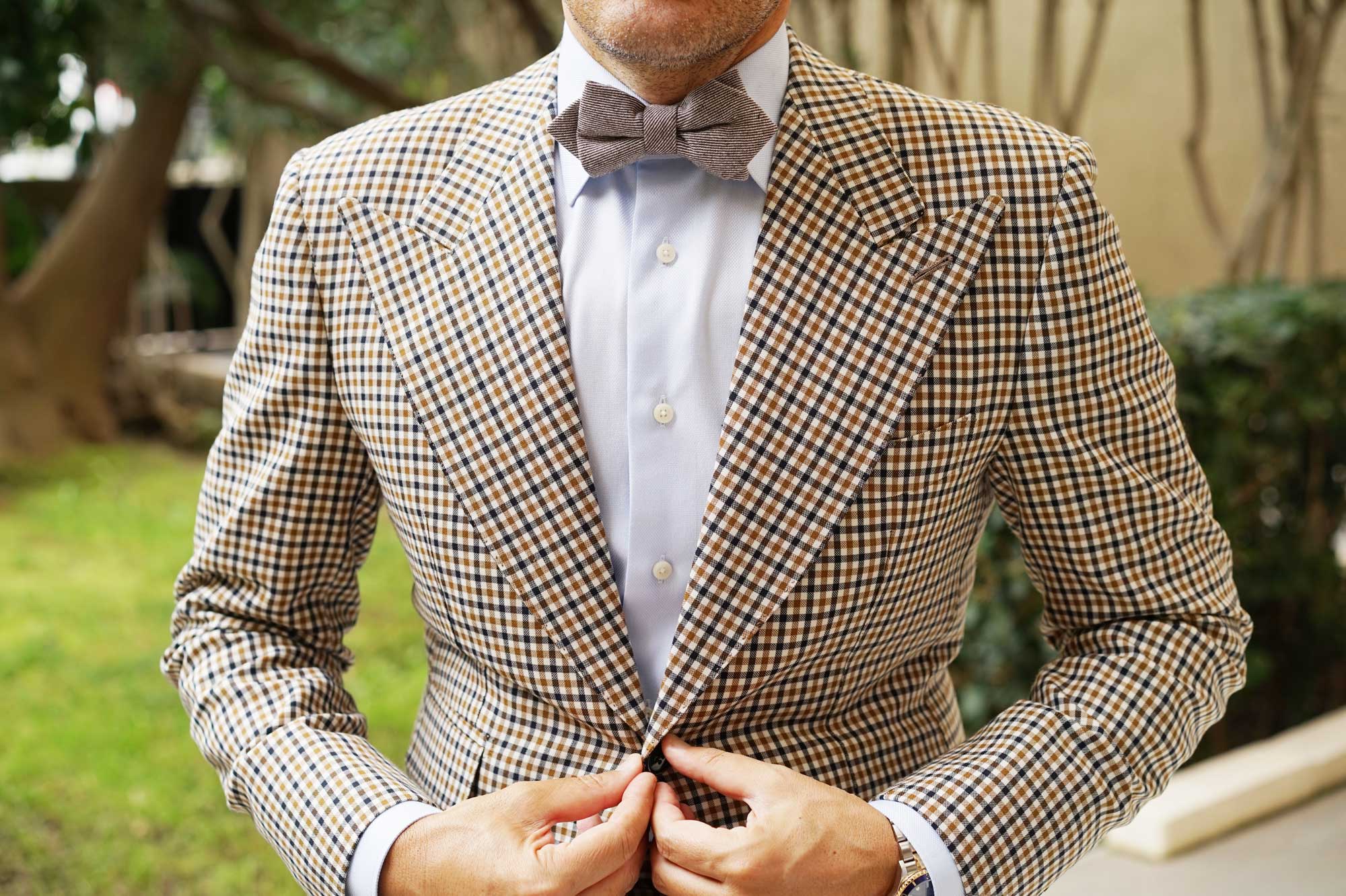 Brown & White Twill Stripe Linen Diamond Bow Tie