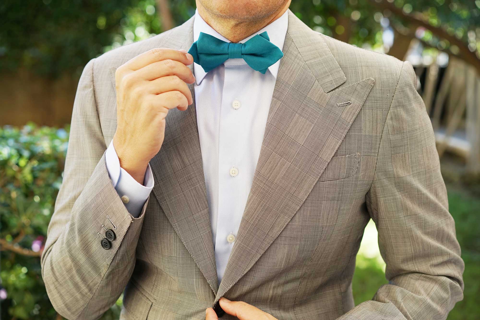 Teal Slub Linen Diamond Bow Tie