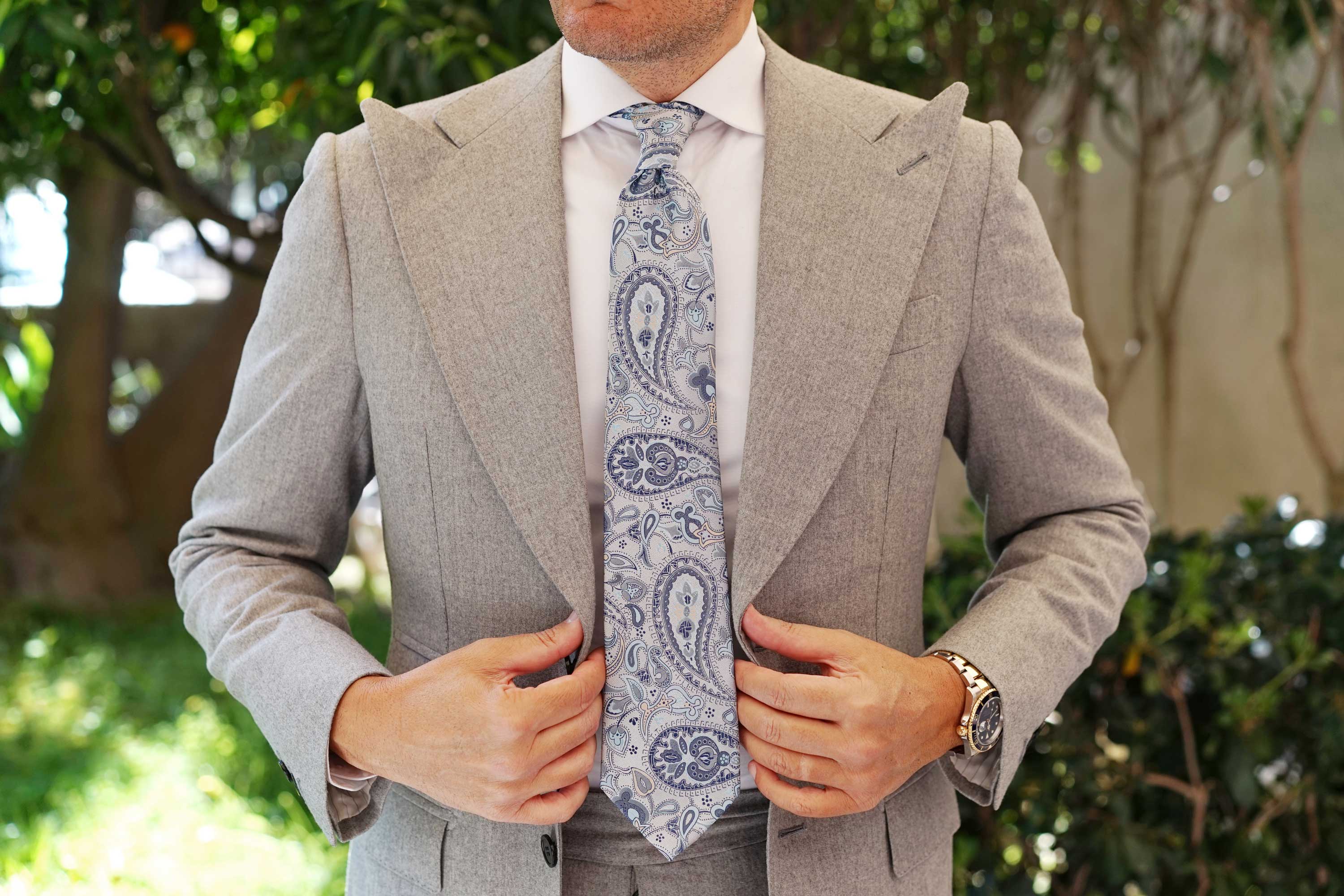 Paisley Silver Tie with Light Blue