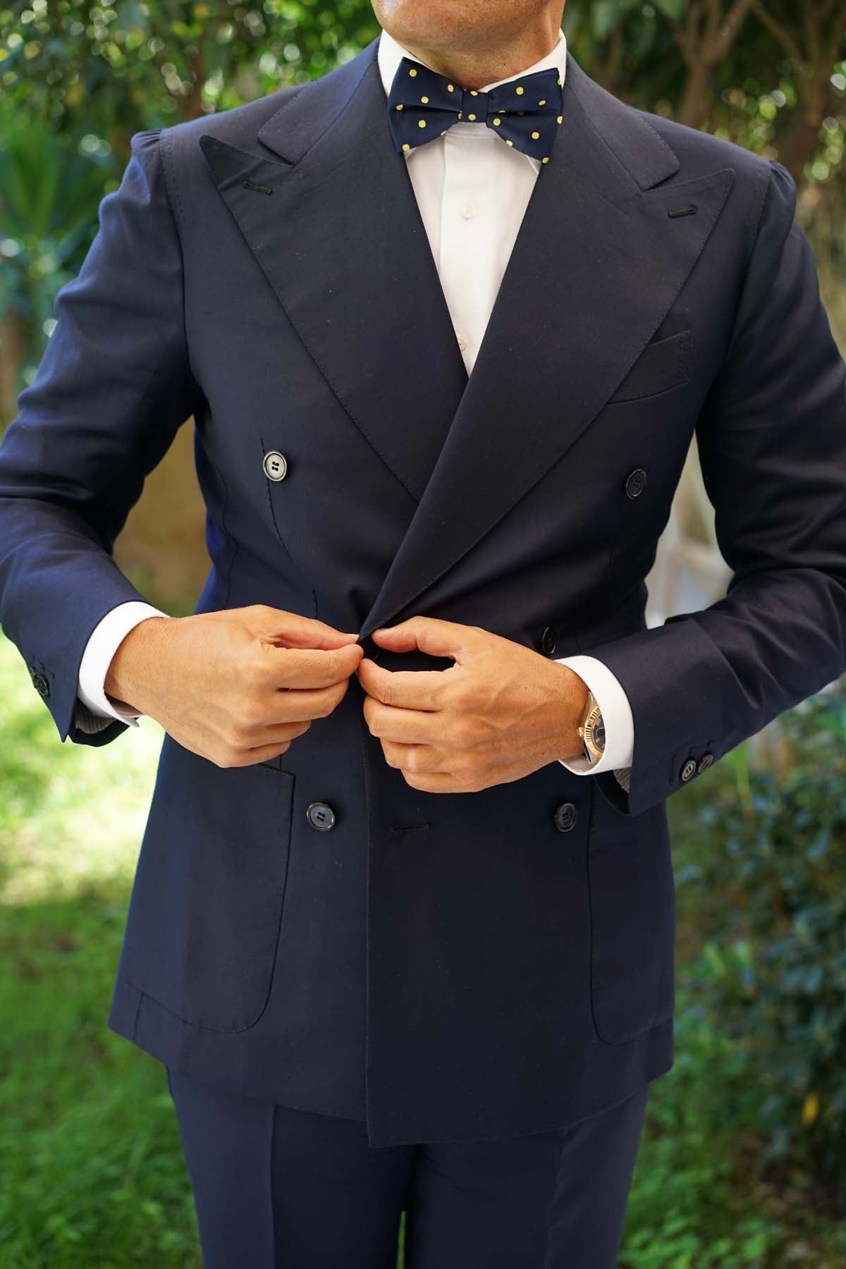 Navy on Large Yellow Dots Bow Tie