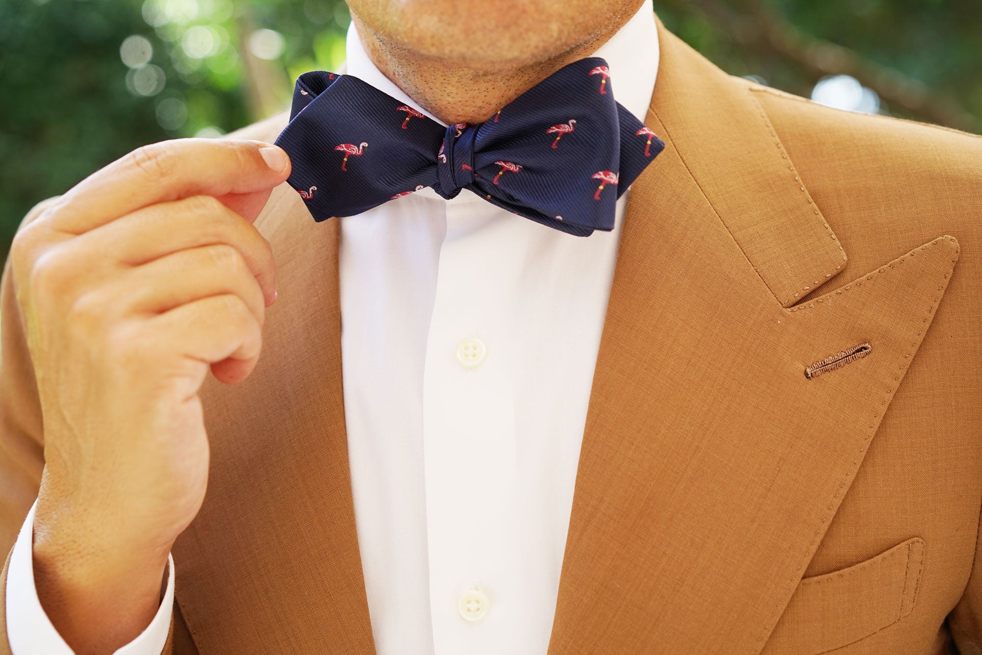 The Navy Blue Pink Flamingo Self Tie Diamond Tip Bow Tie