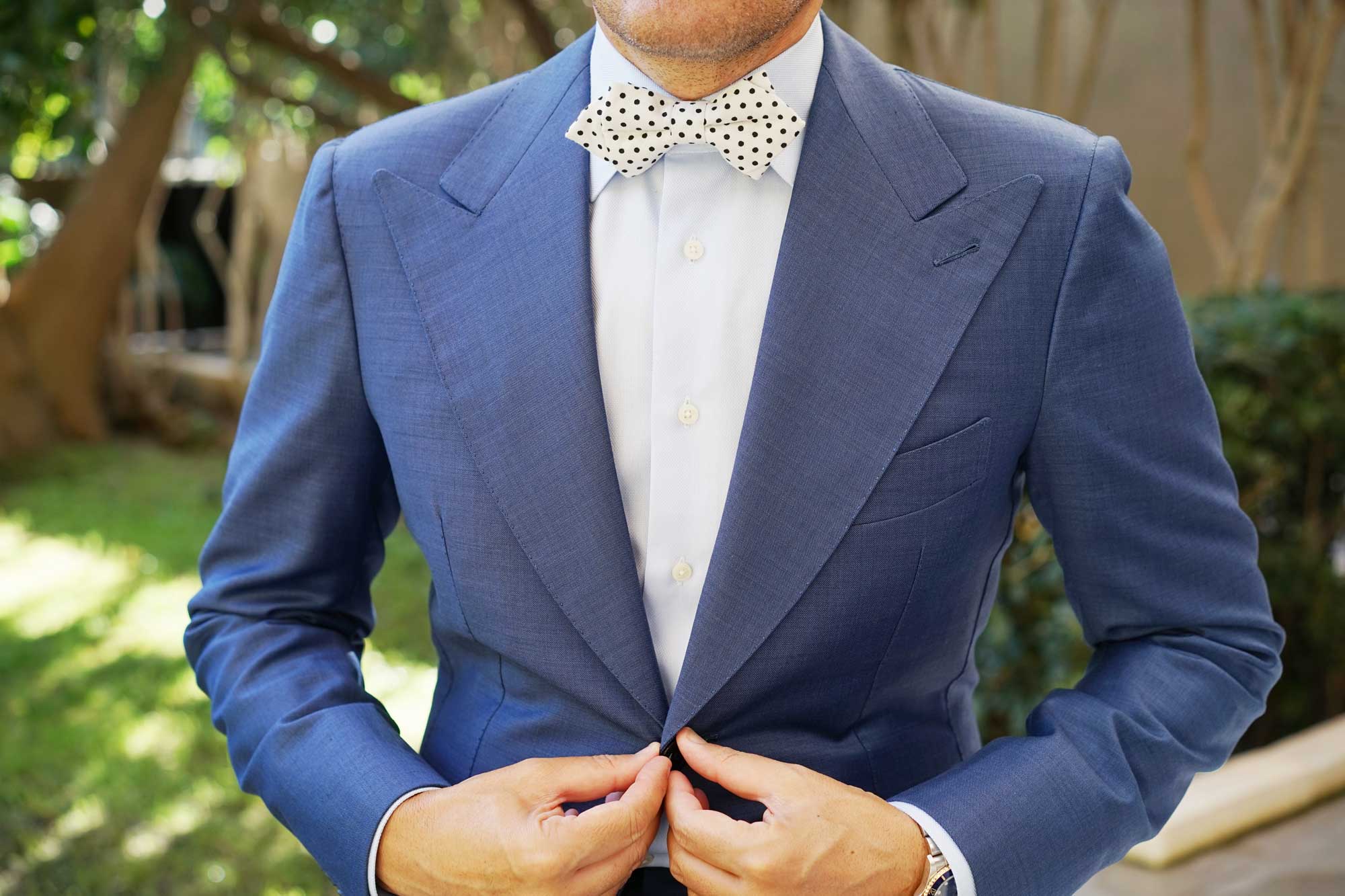 White with Black Polkadot Cotton Diamond Bow Tie