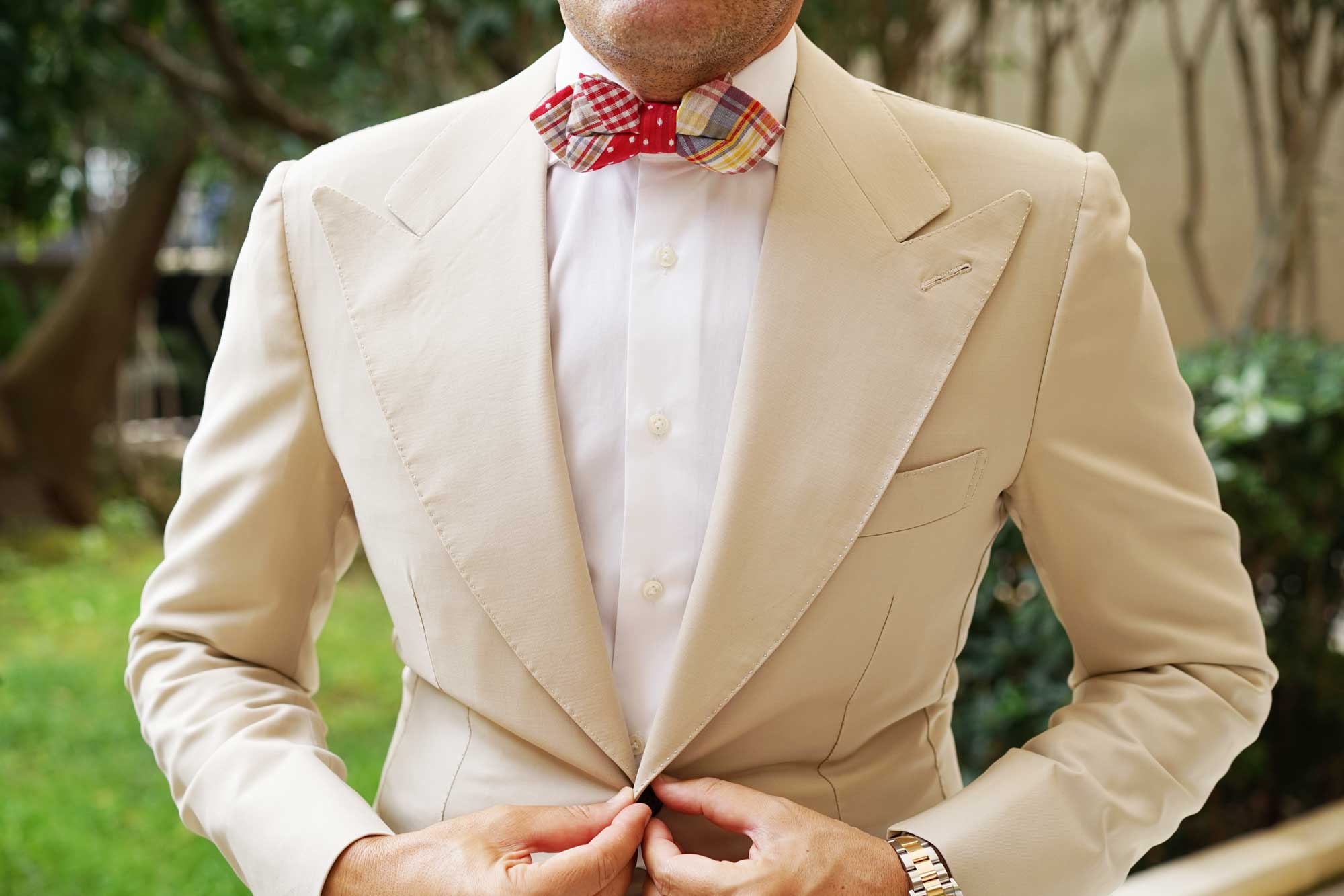 Plaid Red Gingham Cotton Polka Dot Diamond Bow Tie