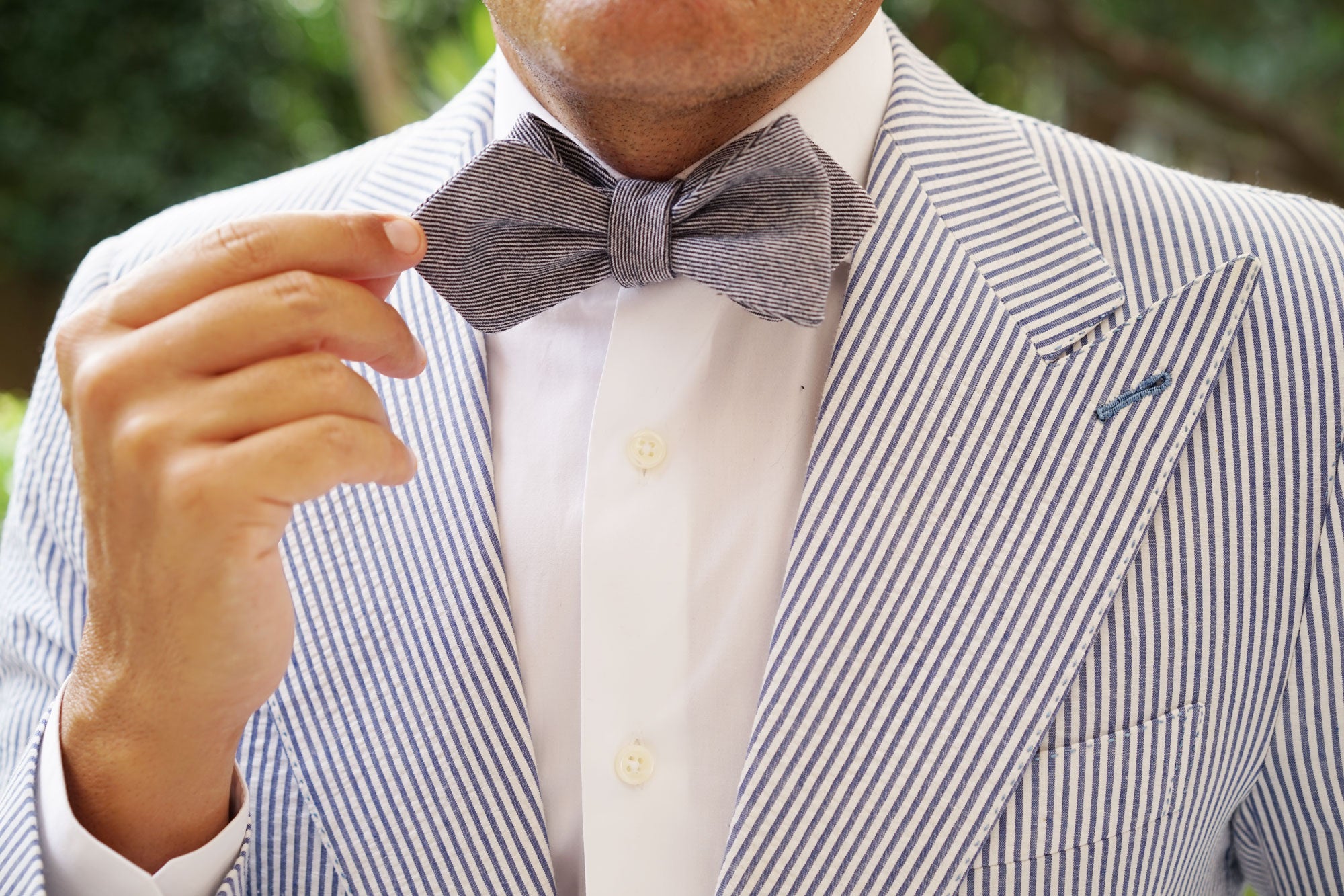 Navy Blue & White Twill Stripe Linen Self Tie Diamond Tip Bow Tie