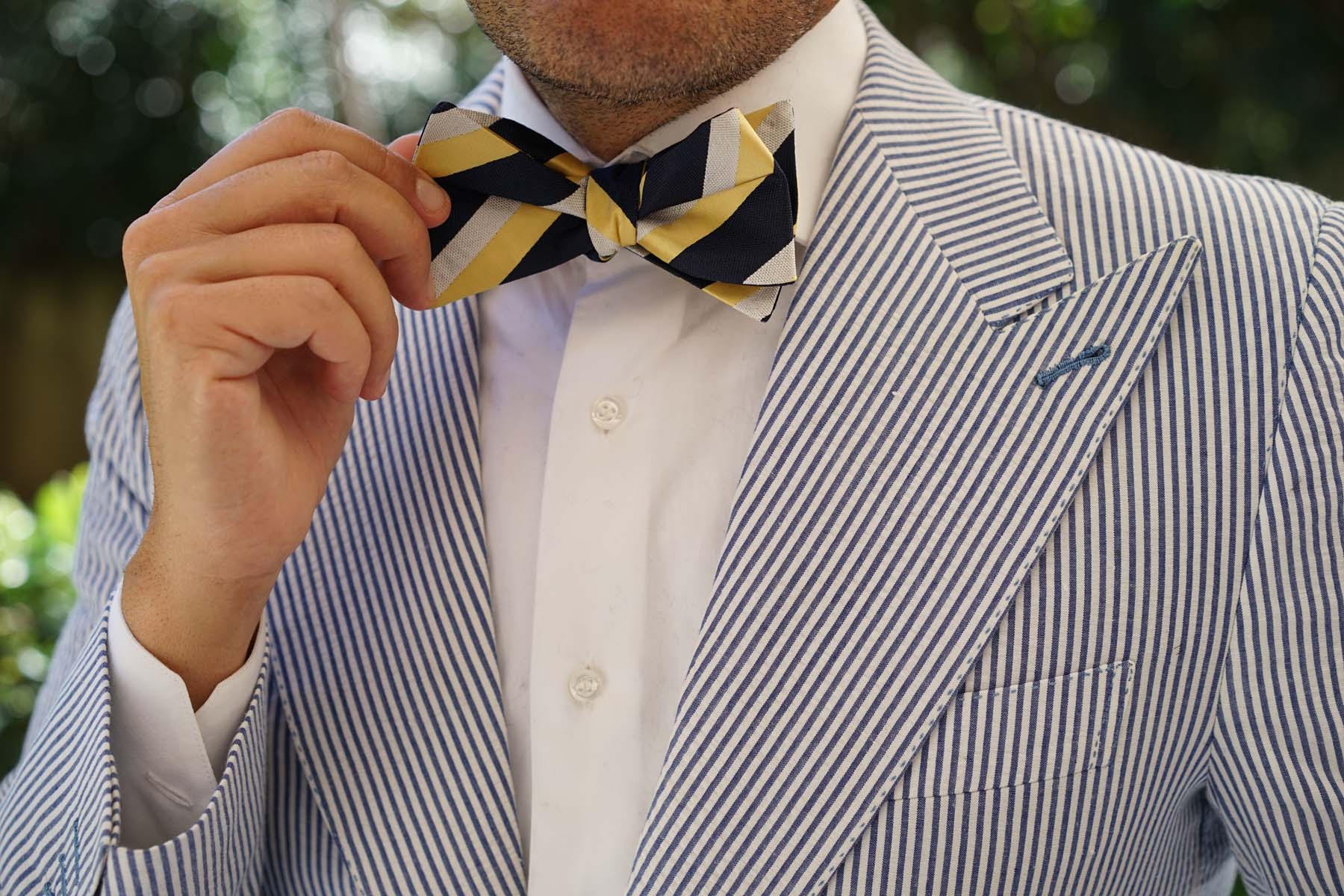 Navy Blue & Yellow Stripe Self Tie Bow Tie