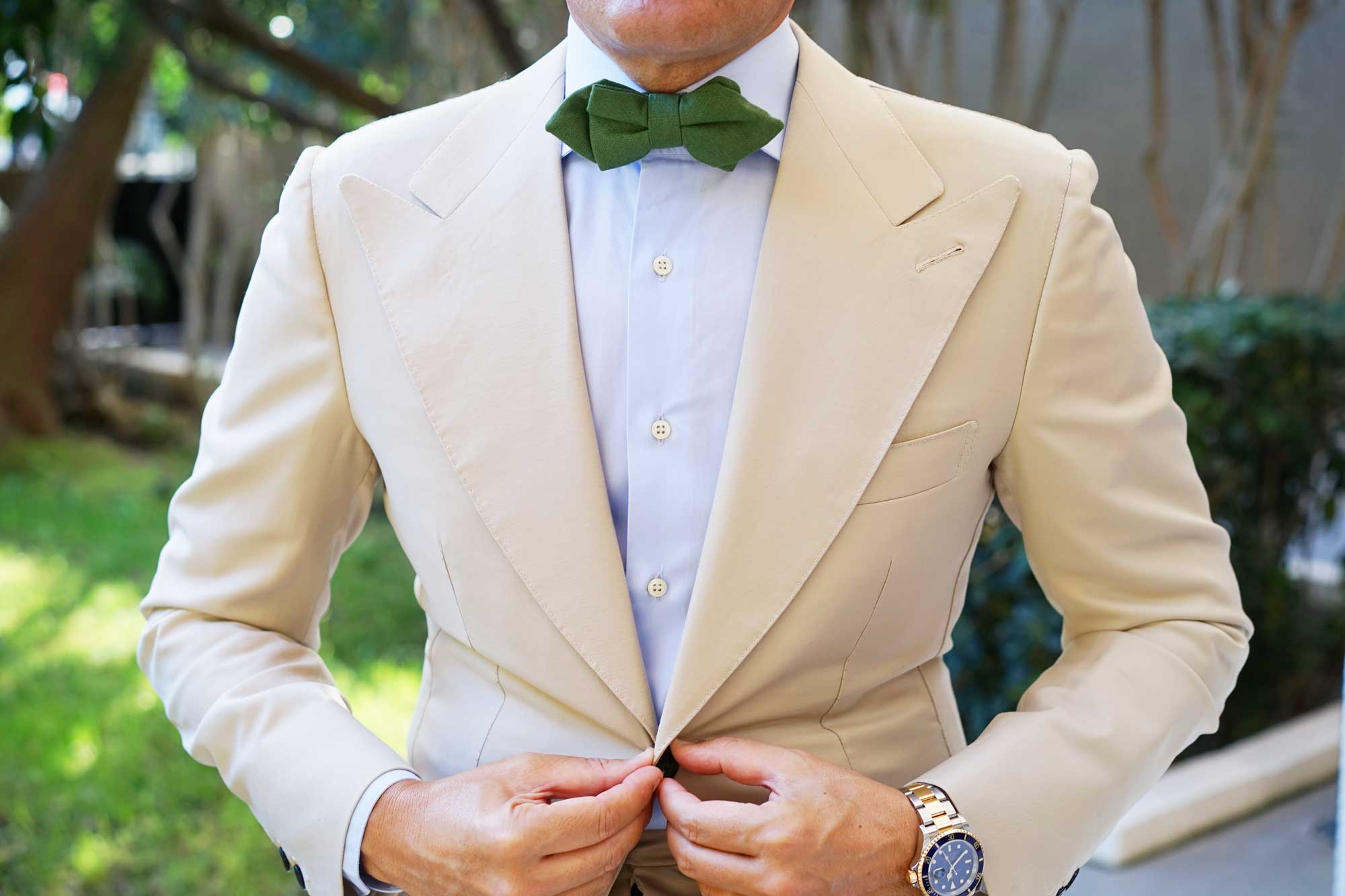 Hunter Green Slub Linen Diamond Bow Tie