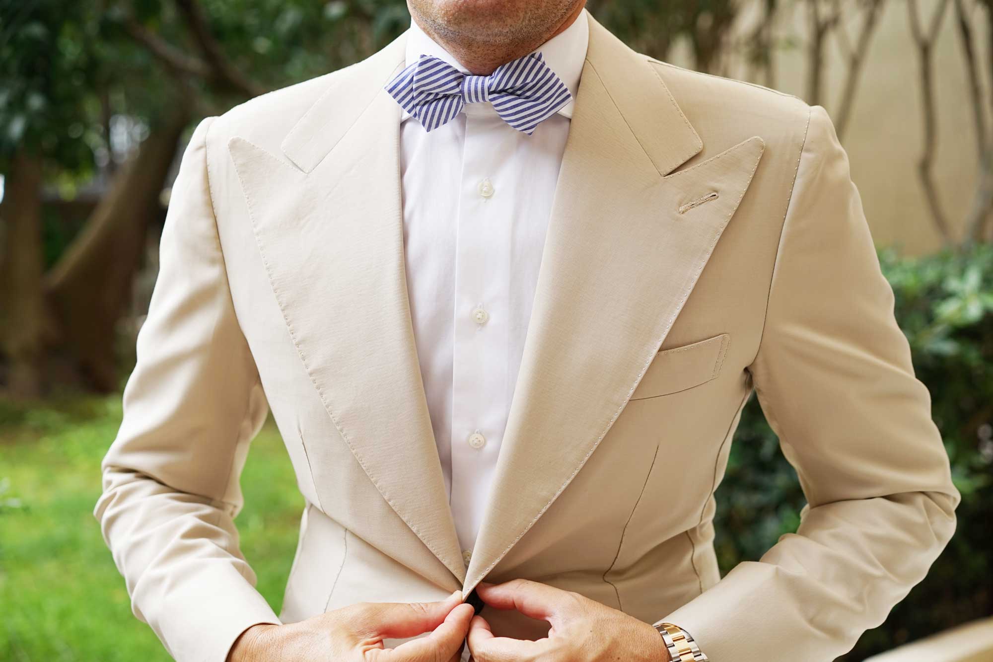 Blue and White Chalk Stripe Cotton Diamond Bow Tie