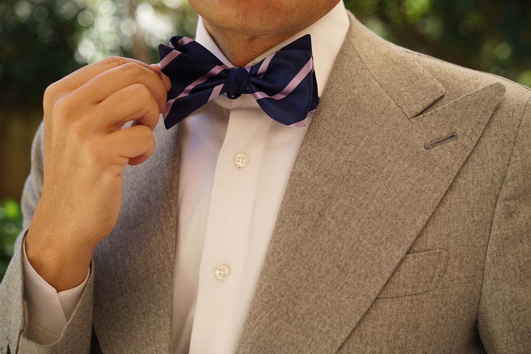 Navy Blue with Lavender Purple Stripes Self Tie Bow Tie