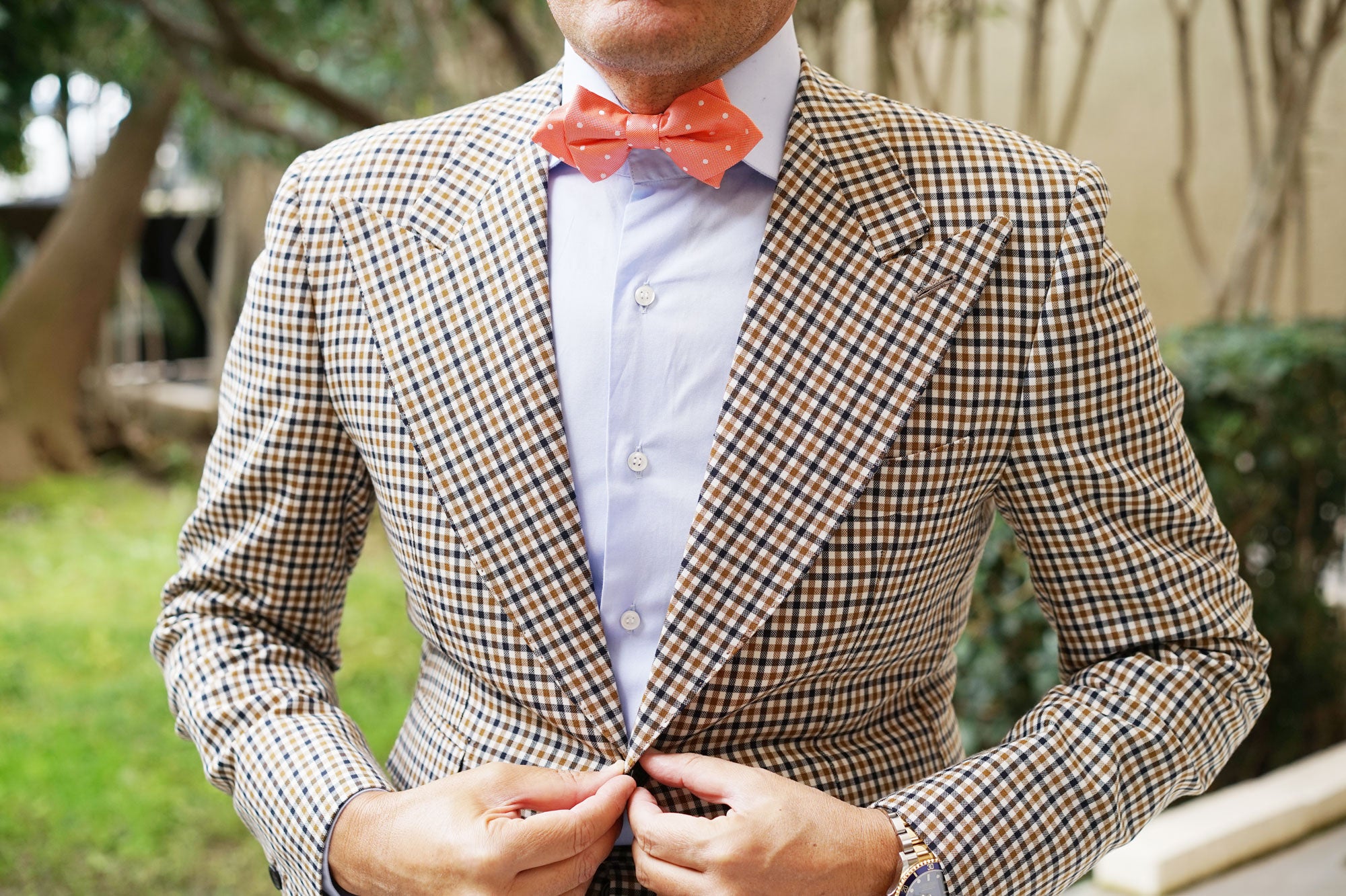 Coral Orange with White Polka Dots Diamond Bow Tie