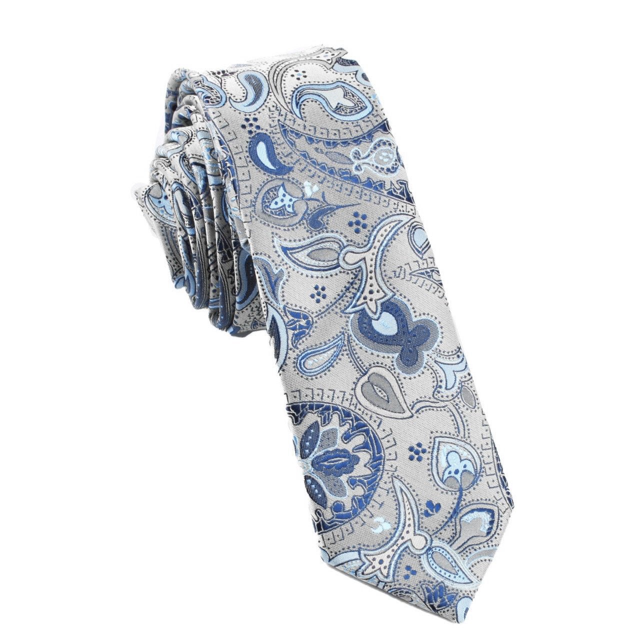 Paisley Silver Skinny Tie with Light Blue