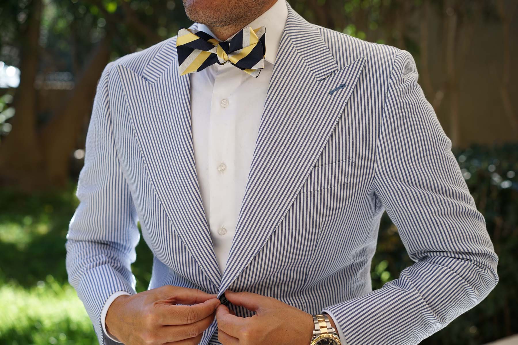 Navy Blue & Yellow Stripe Self Tie Bow Tie