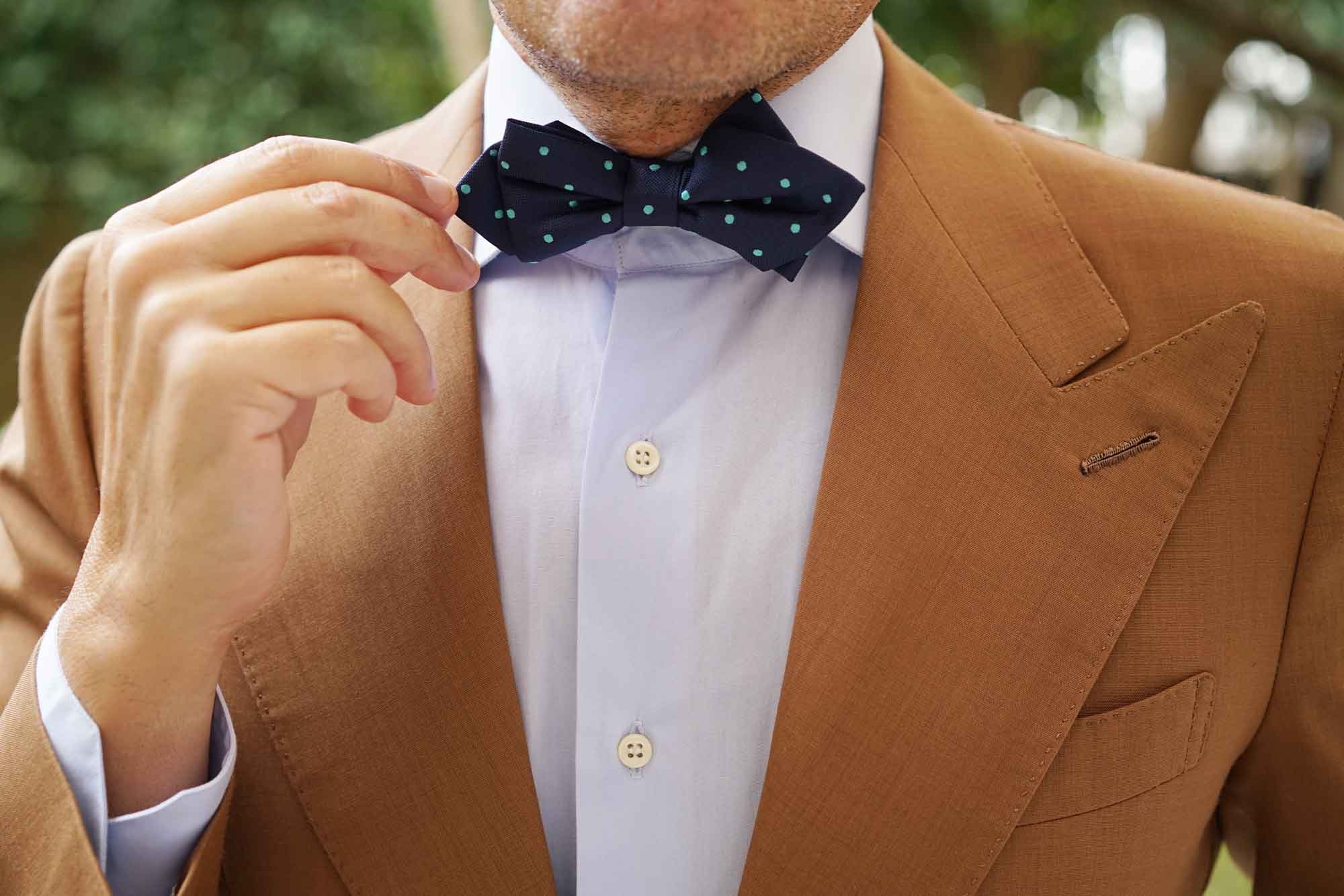 Navy Blue with Mint Green Polka Dots Diamond Bow Tie