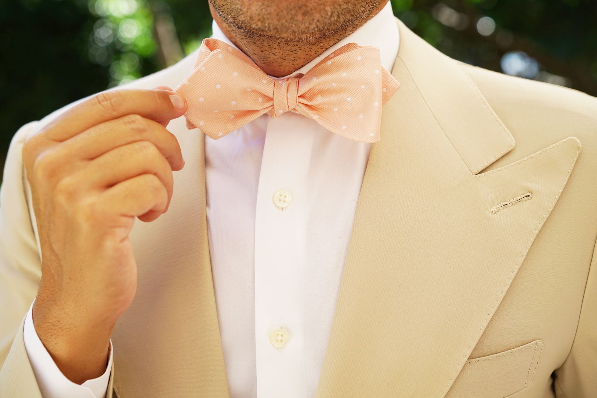 Peach with White Polka Dots Self Tie Diamond Tip Bow Tie