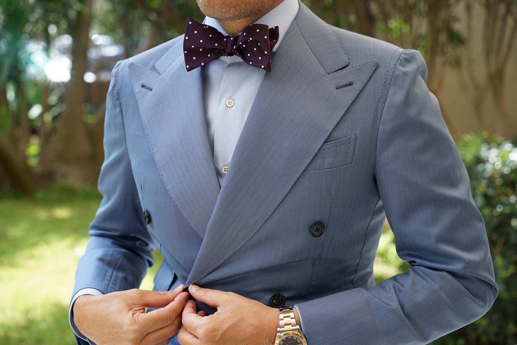 Eggplant Plum Purple with White Polka Dots Self Tie Bow Tie