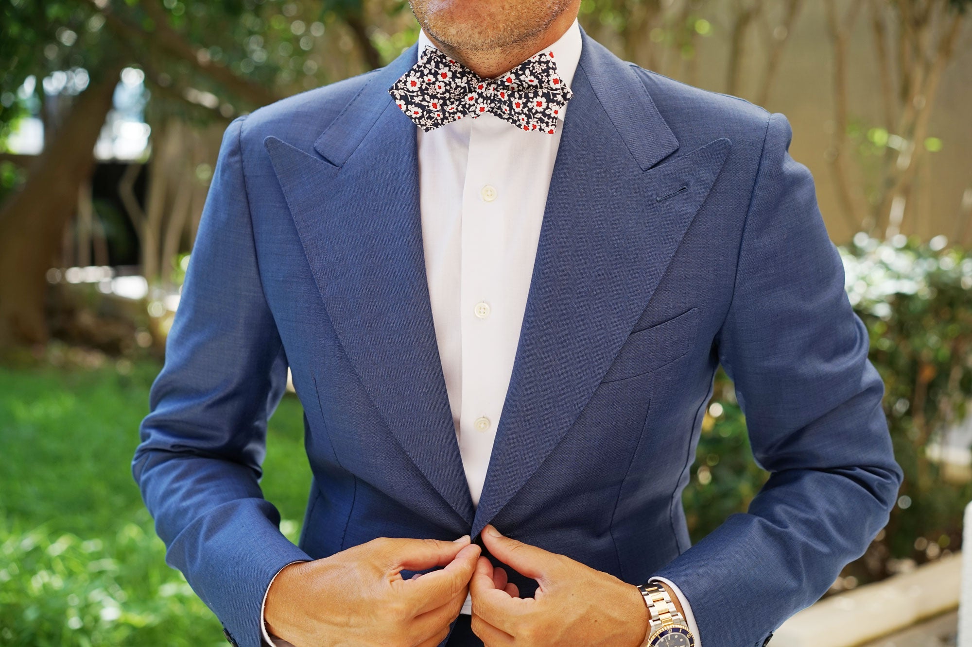 New York Navy Floral Diamond Self Bow Tie