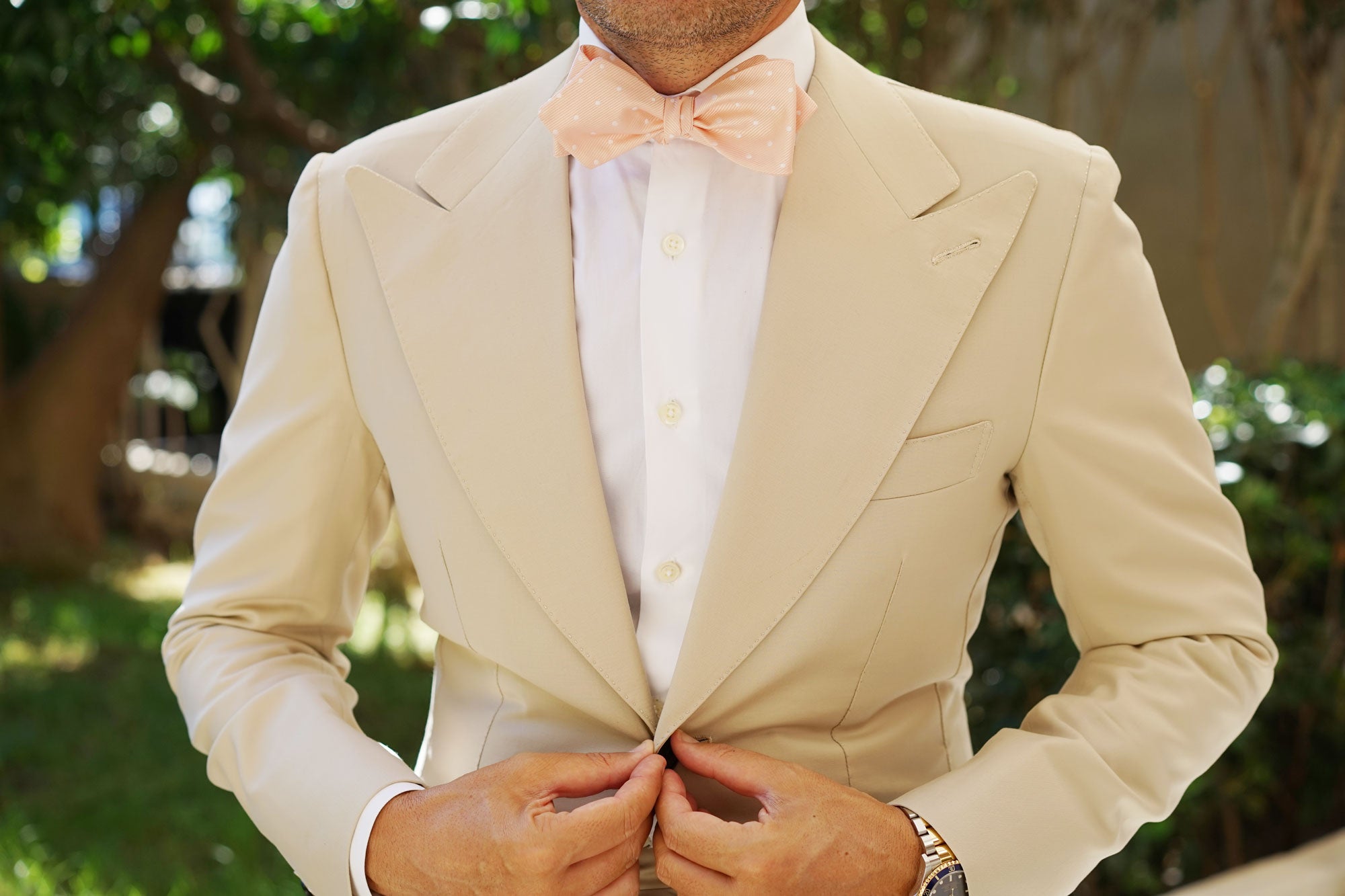 Peach with White Polka Dots Self Tie Diamond Tip Bow Tie