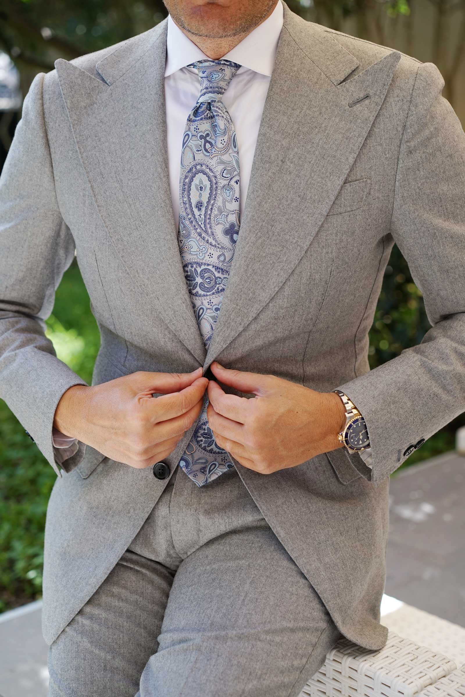 Paisley Silver Tie with Light Blue