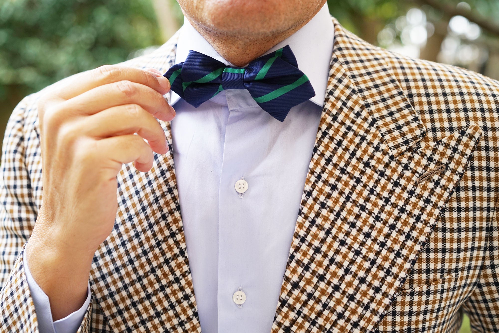 Navy Blue with Green Stripe Diamond Bow Tie