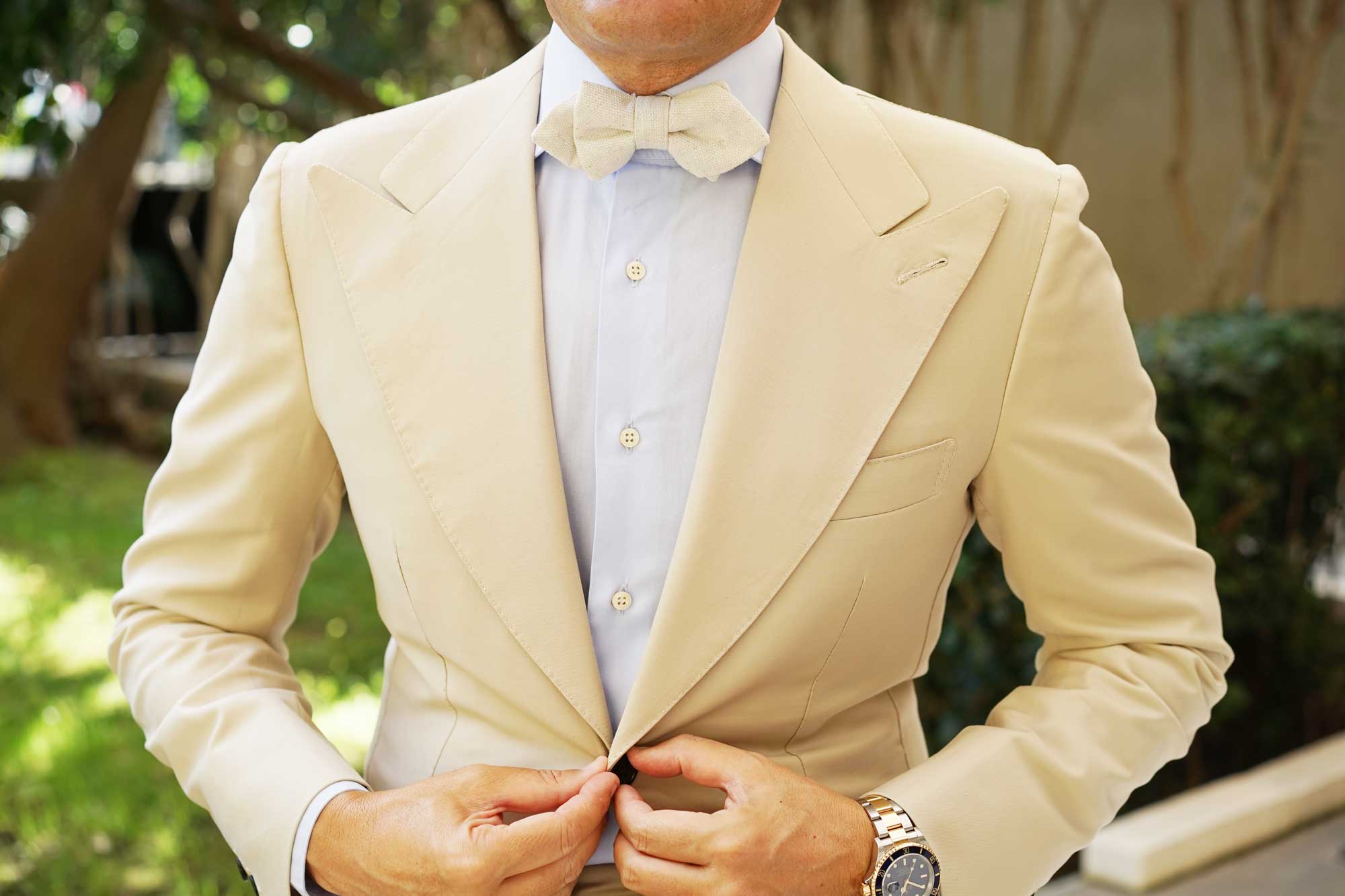 Dry Khaki White Linen Diamond Bow Tie