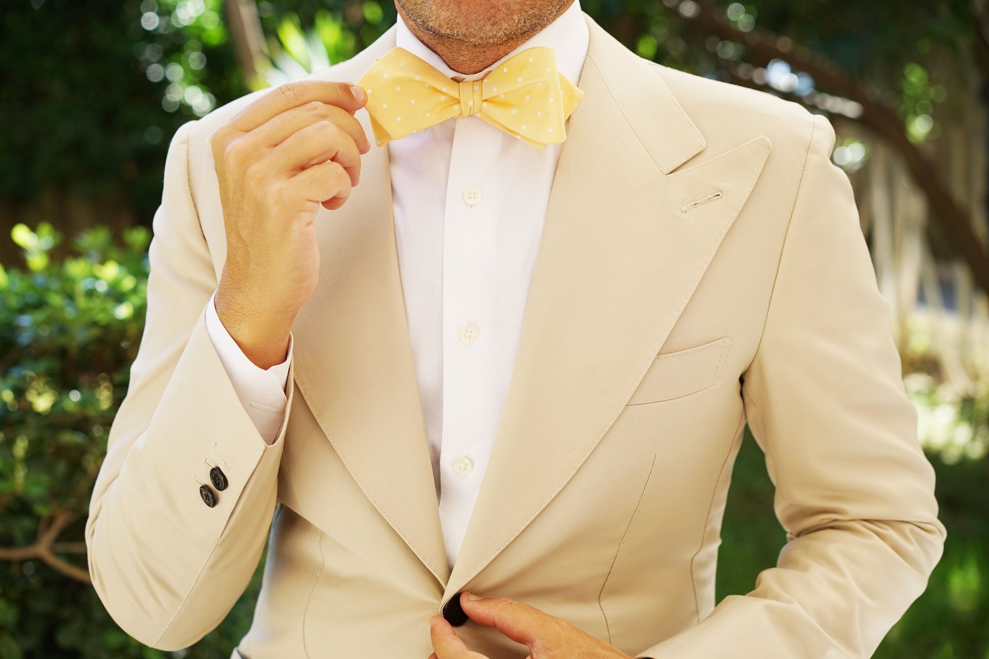 Yellow with White Polka Dots Self Tie Diamond Tip Bow Tie