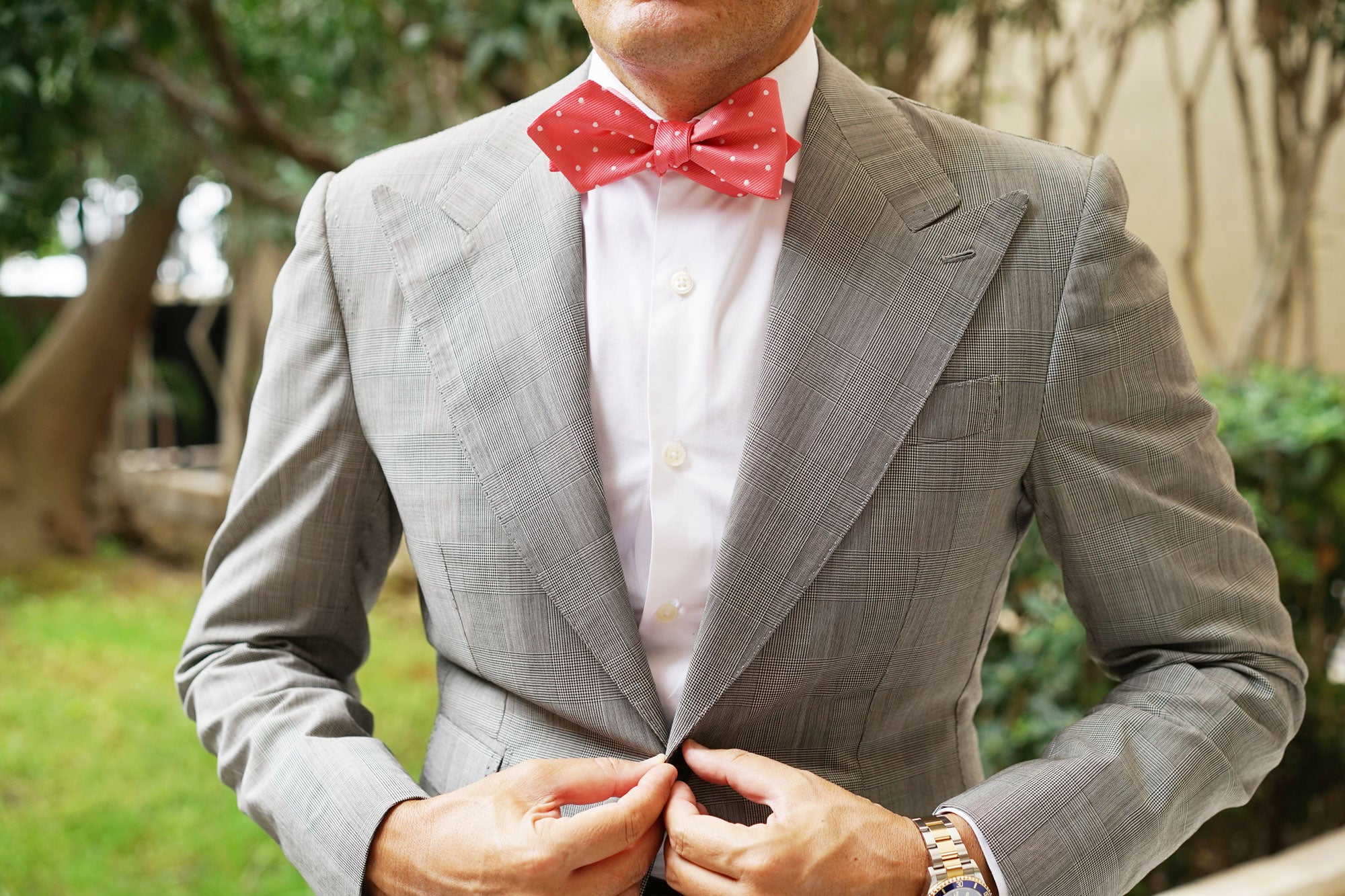 Coral Pink with White Polka Dots Self Tie Diamond Tip Bow Tie