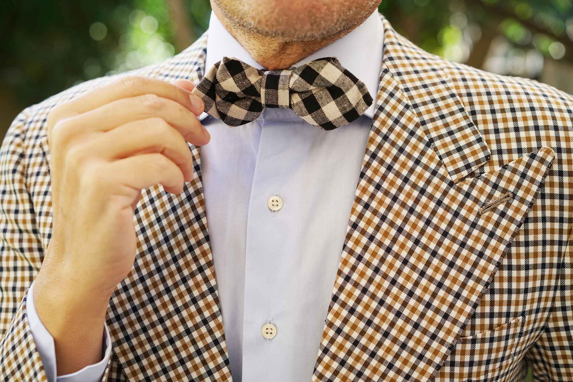 Khaki & Black Gingham Linen Diamond Bow Tie