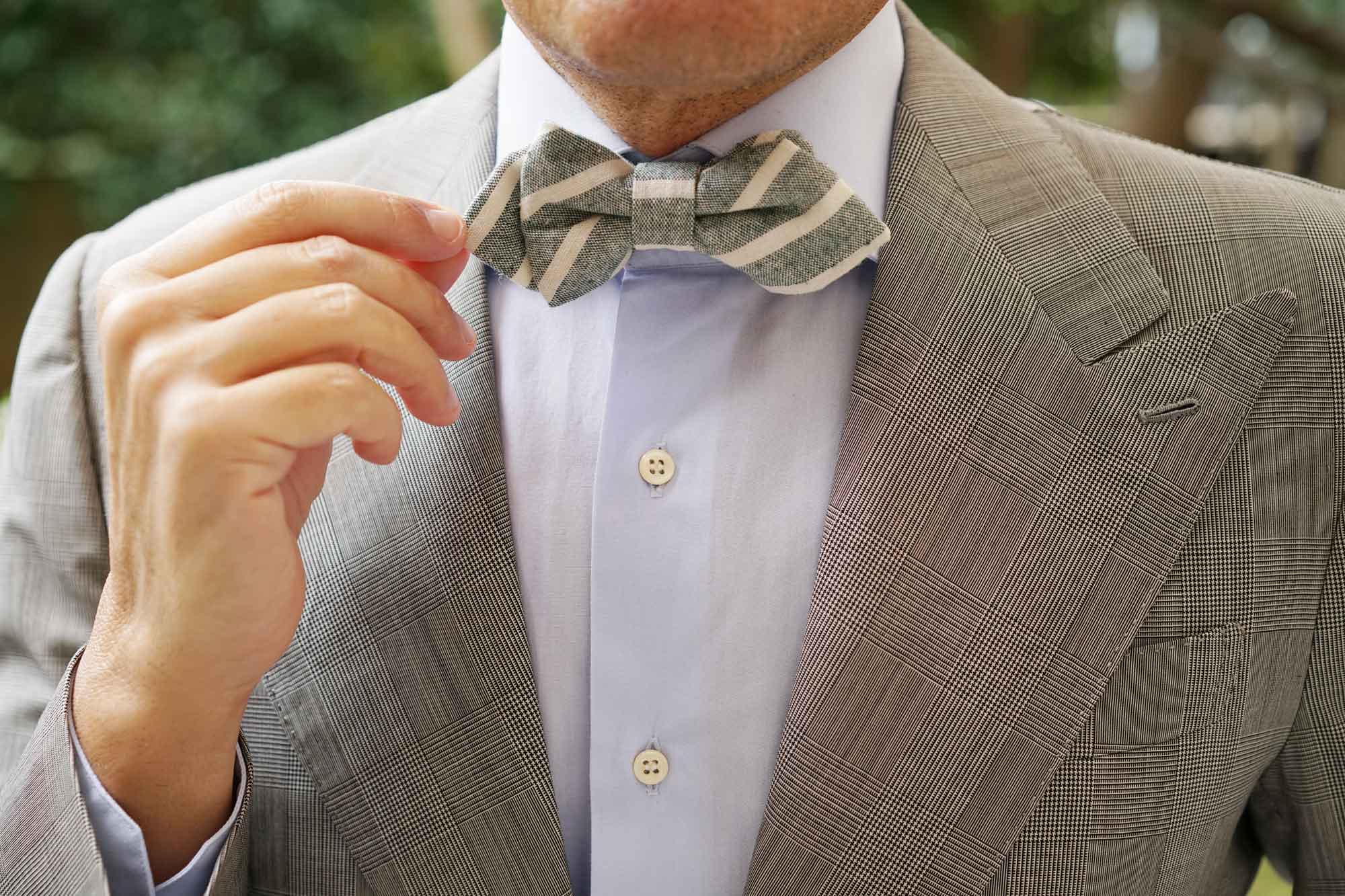 Konya Chalk Stripe Green Linen Diamond Bow Tie