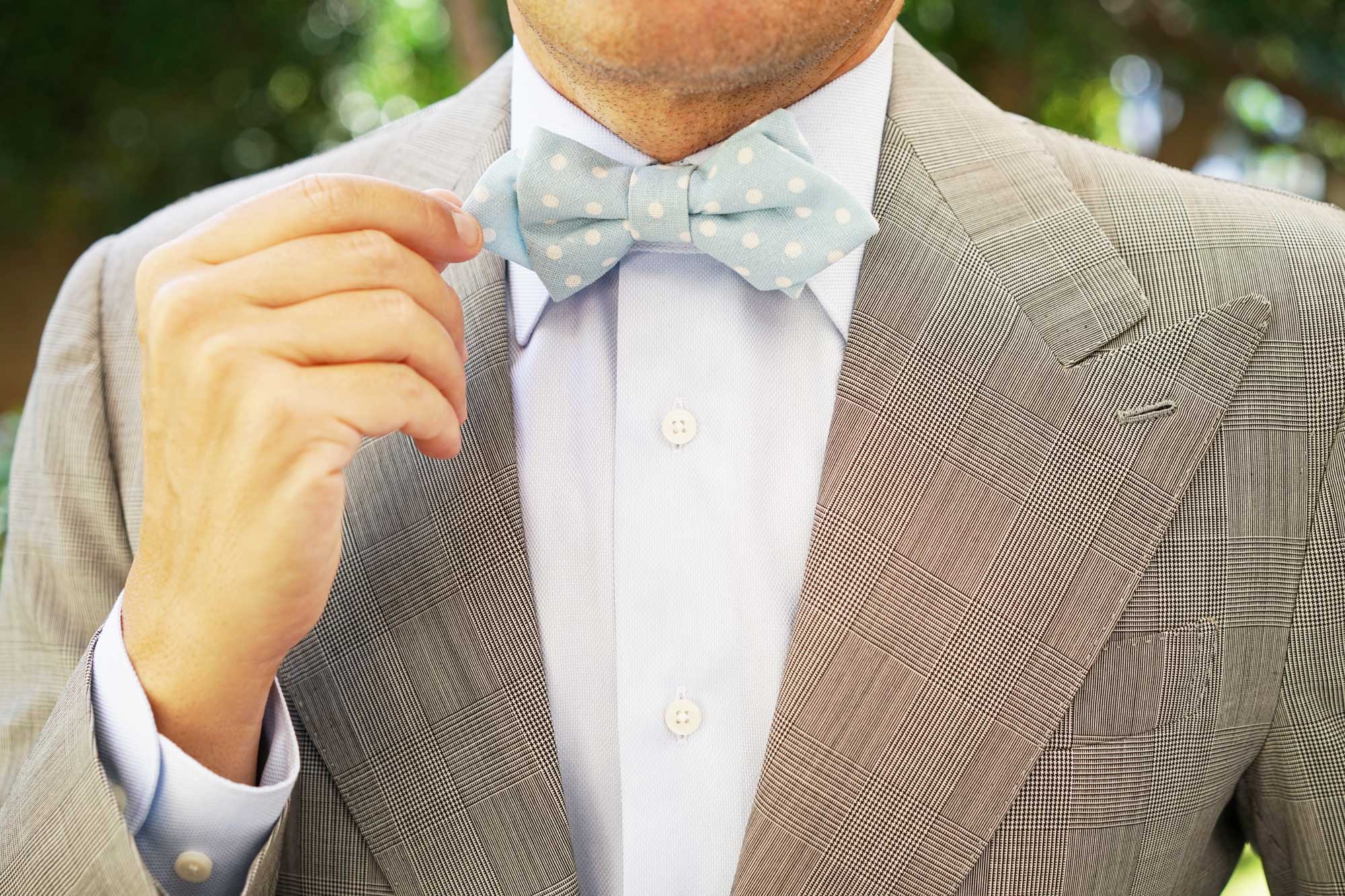 Light Blue Linen Polka Dot Diamond Bow Tie