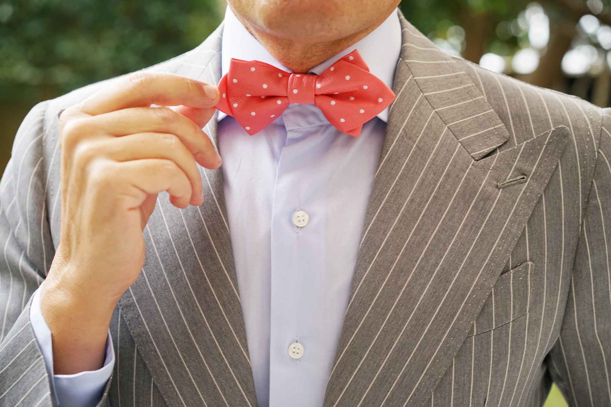 Coral Pink with White Polka Dots Diamond Bow Tie