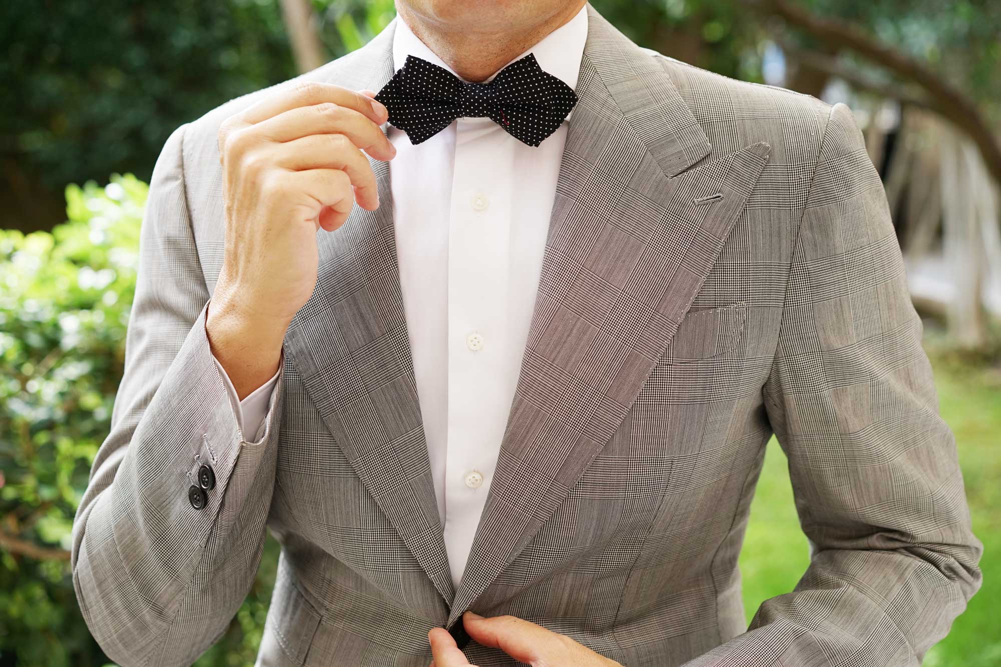 Black Cotton with White Mini Polka Dots Diamond Bow Tie