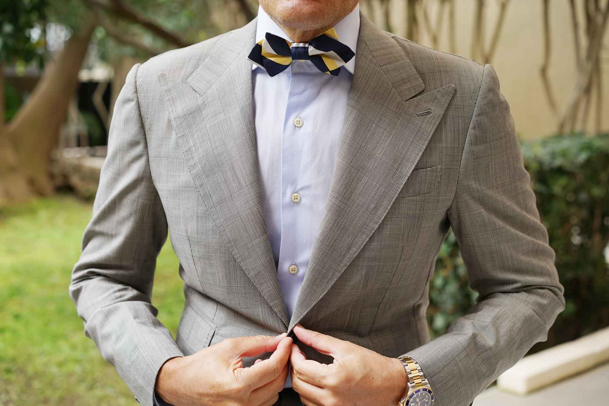 Navy Blue & Yellow Stripe Diamond Bow Tie