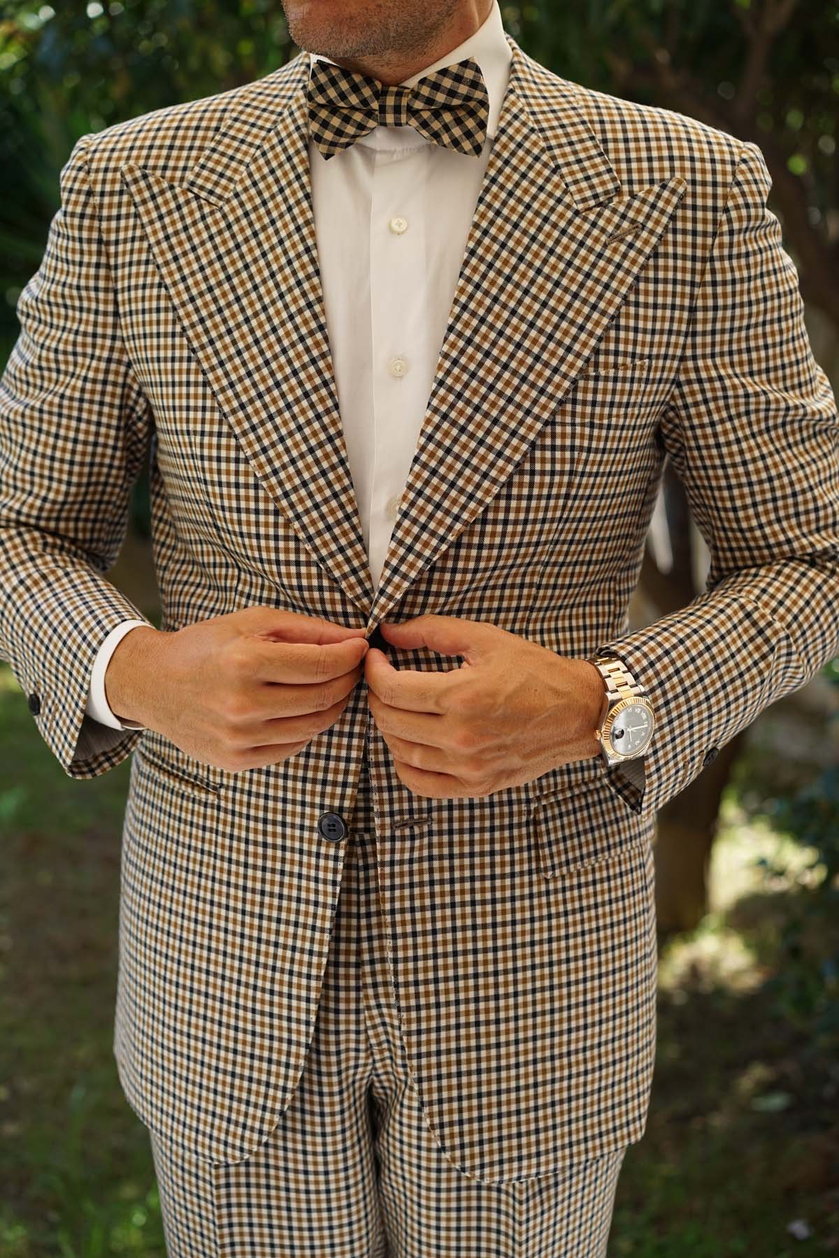 Khaki Black Gingham Blend Bow Tie