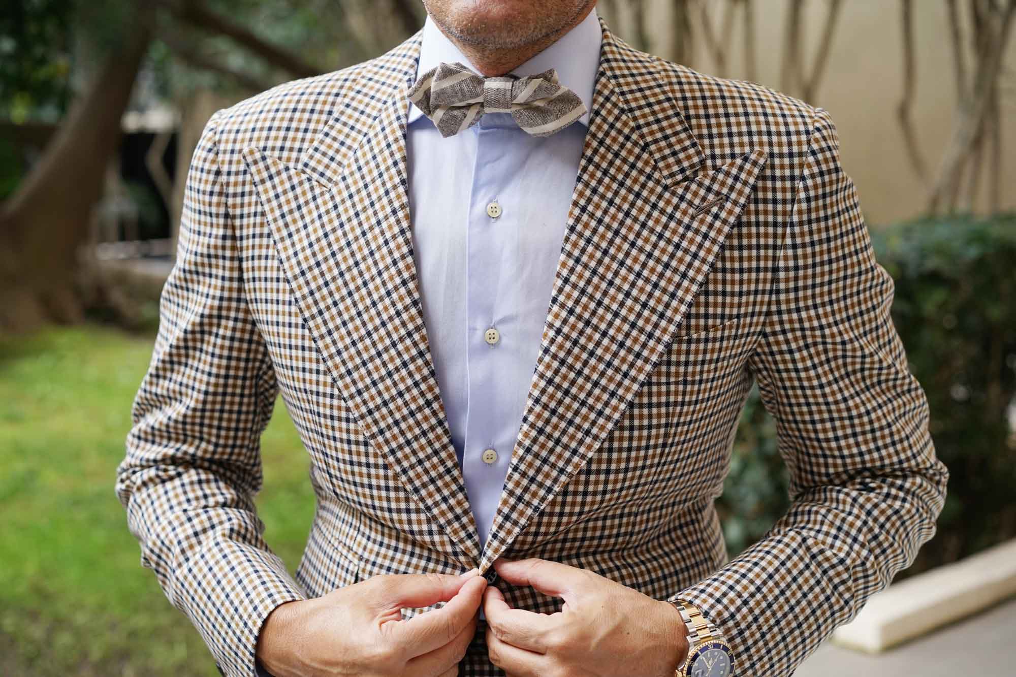 Mersin Brown Stripe Chalk Linen Diamond Bow Tie